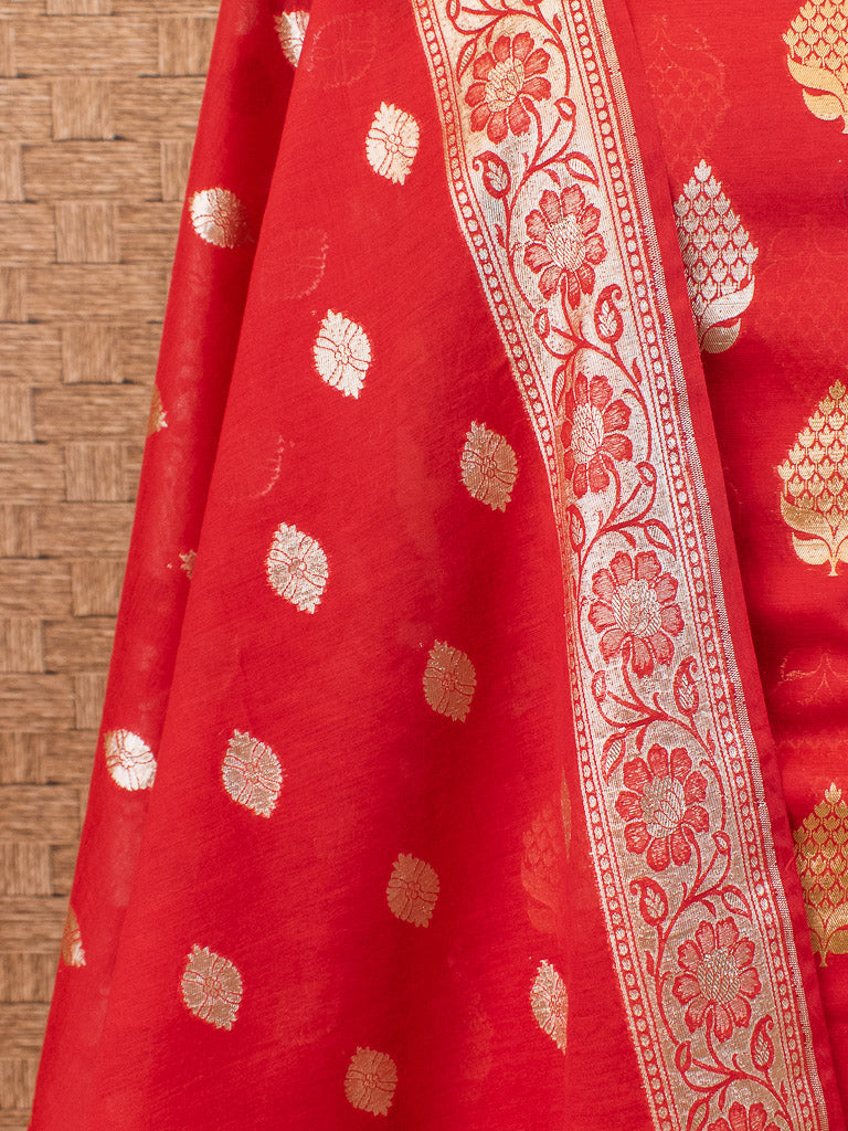 Banarasi Pure Cotton Silk Salwar Kameez Material With Silver Zari Weaving-Red