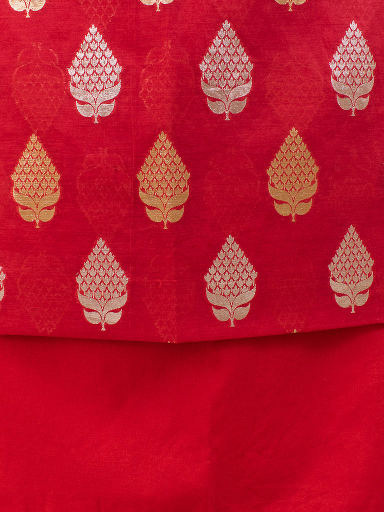 Banarasi Pure Cotton Silk Salwar Kameez Material With Silver Zari Weaving-Red