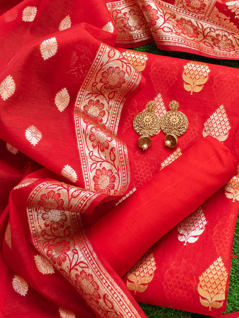 Banarasi Pure Cotton Silk Salwar Kameez Material With Silver Zari Weaving-Red