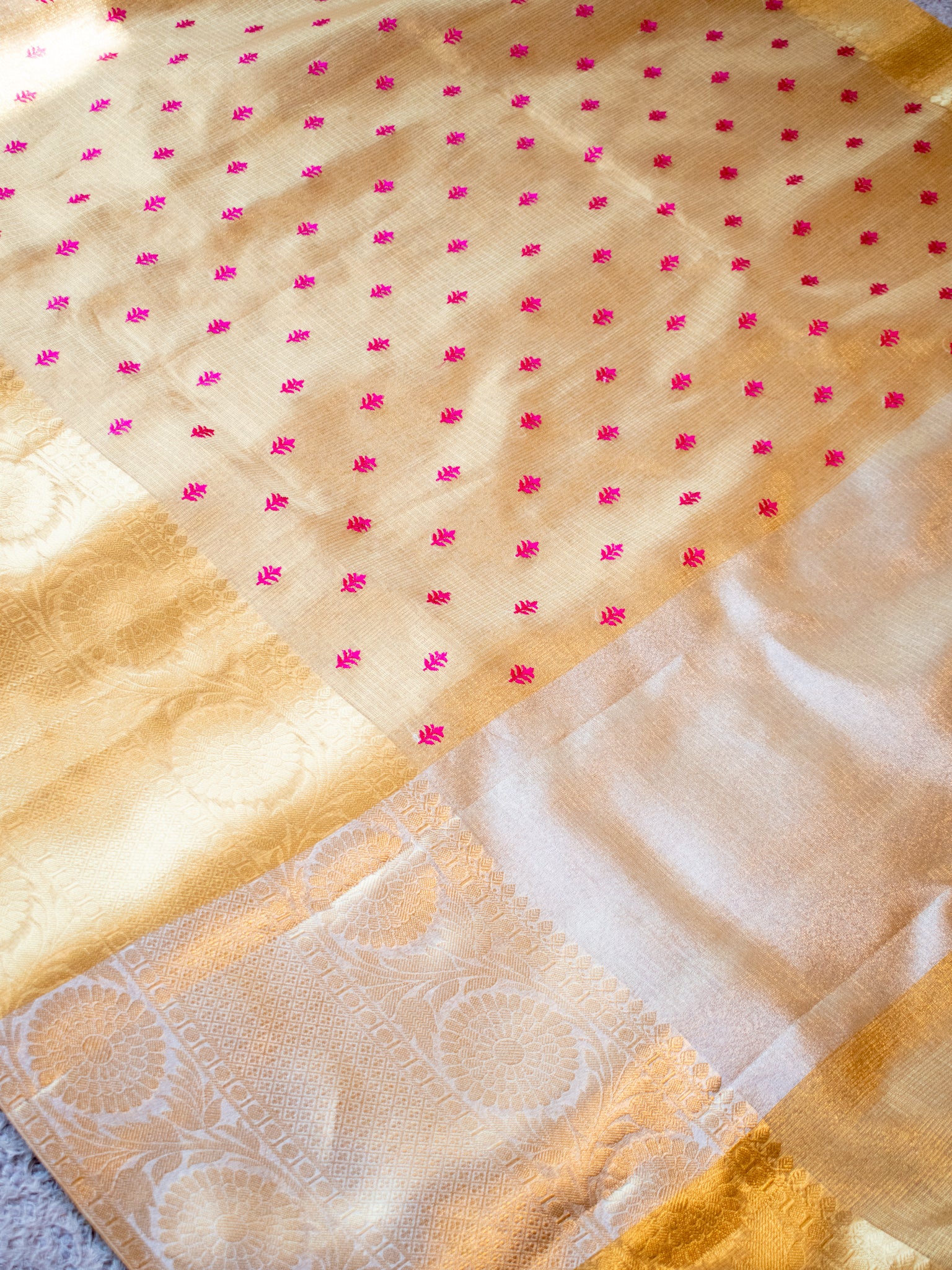 Banarasi Kota Check Saree With Embroidery & Border - Gold