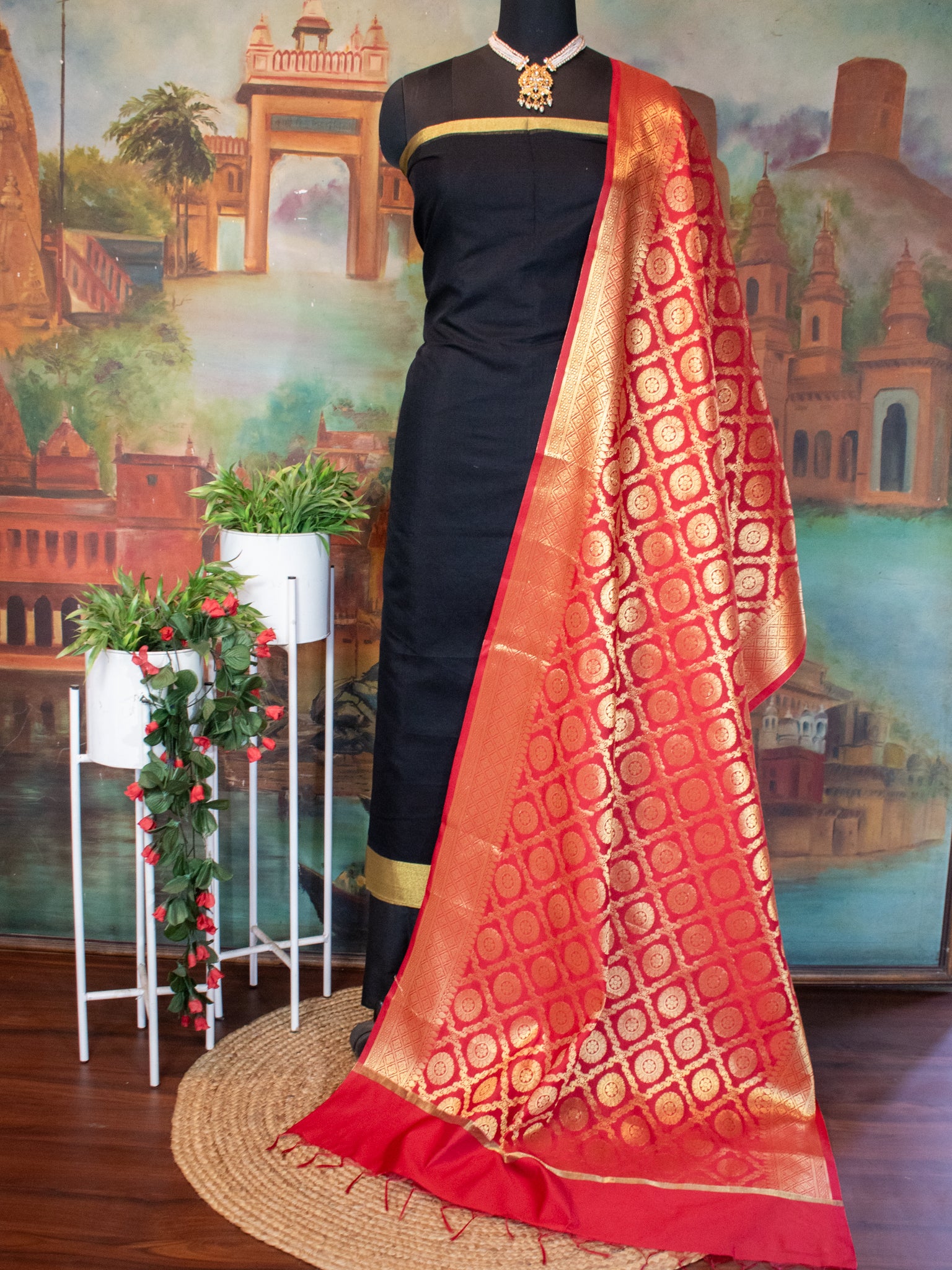 Banarasi Cotton Silk Salwar Kameez With Zari Weaving & Dupatta- Black & Red
