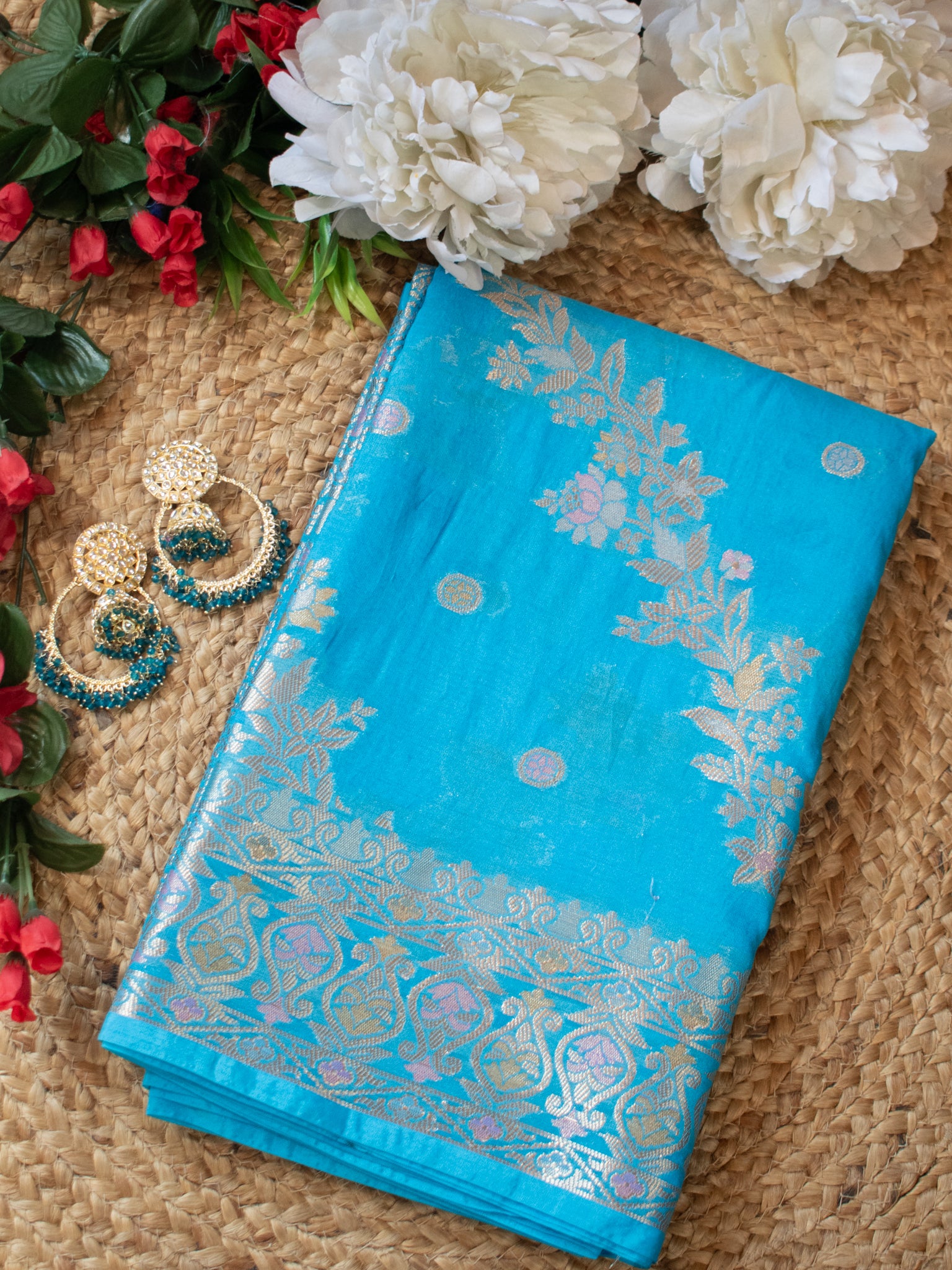 Banarasi Soft Cotton Saree with Floral Weaving & Border- Sky Blue