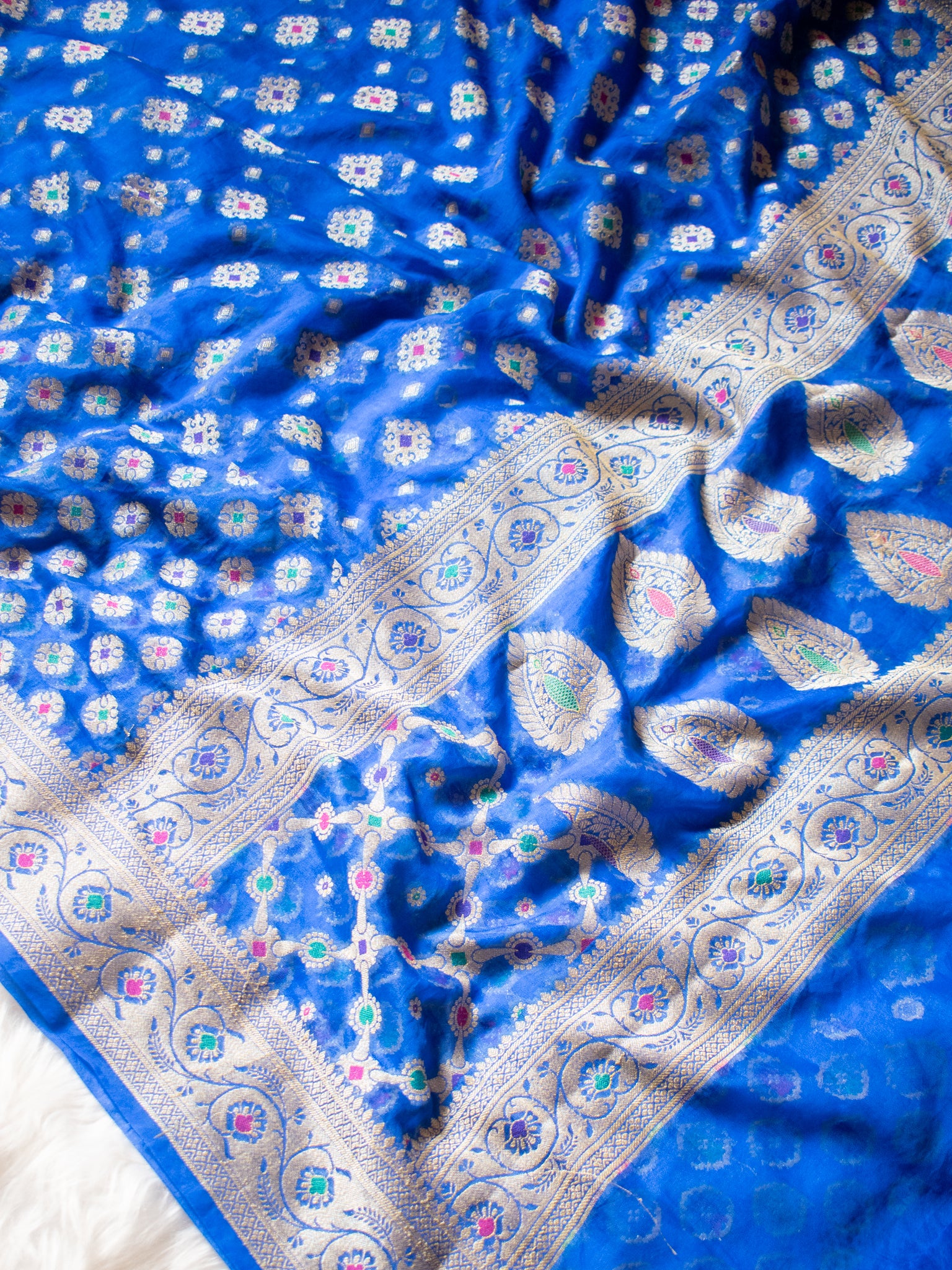 Banarasi Pure Cotton Saree With Zari & Resham Buti Weaving & Border- Blue