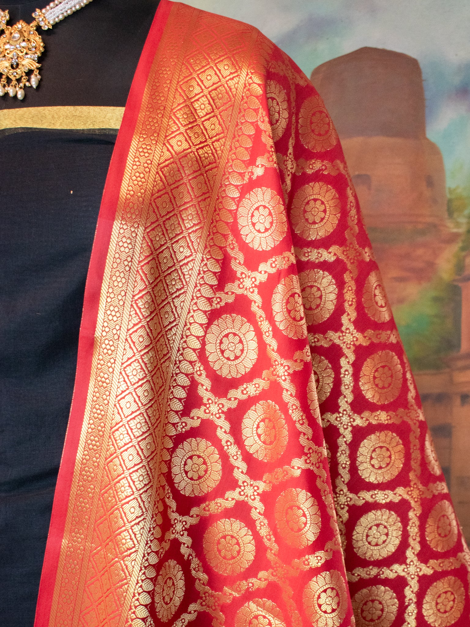 Banarasi Cotton Silk Salwar Kameez With Zari Weaving & Dupatta- Black & Red