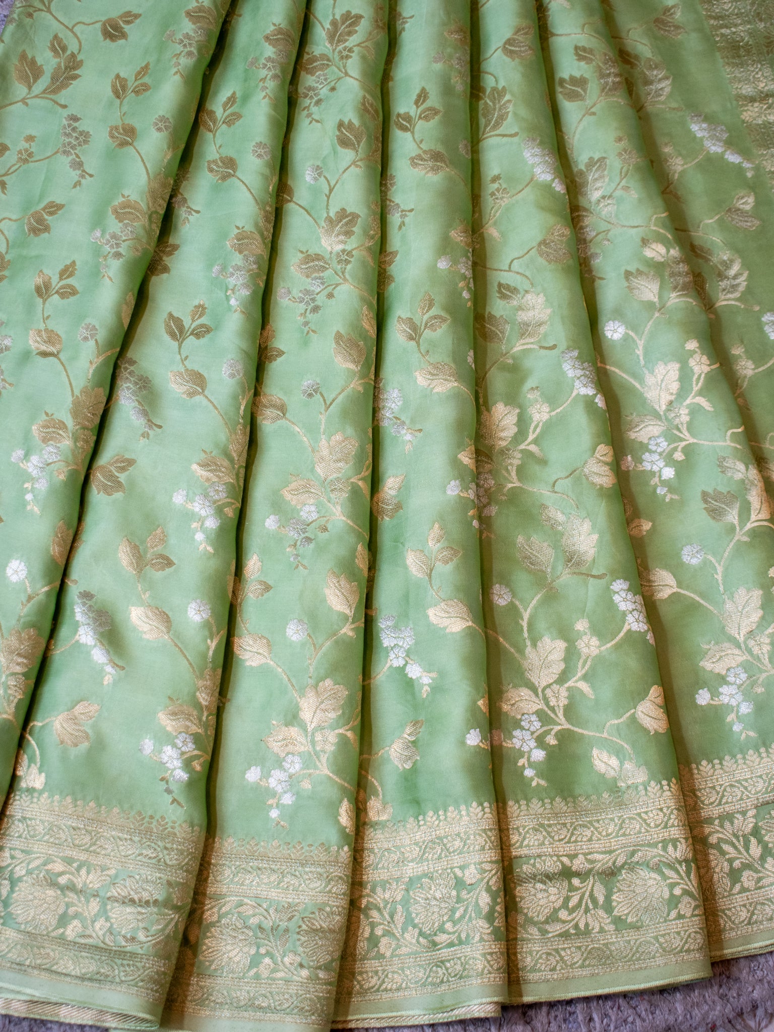 Banarasi Satin Silk Saree With Floral Weaving & Border- Green