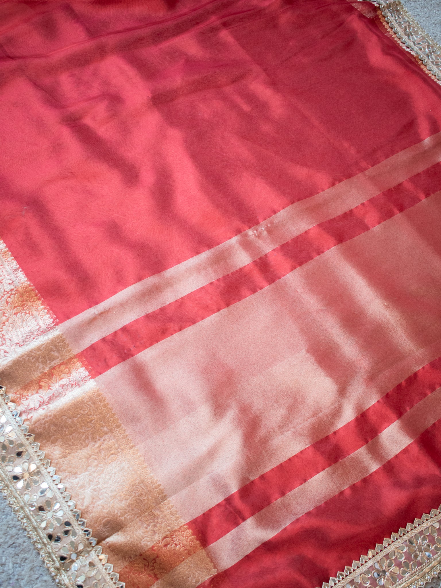 Banarasi Plain Tissue Saree with Mirror Lace Border - Red