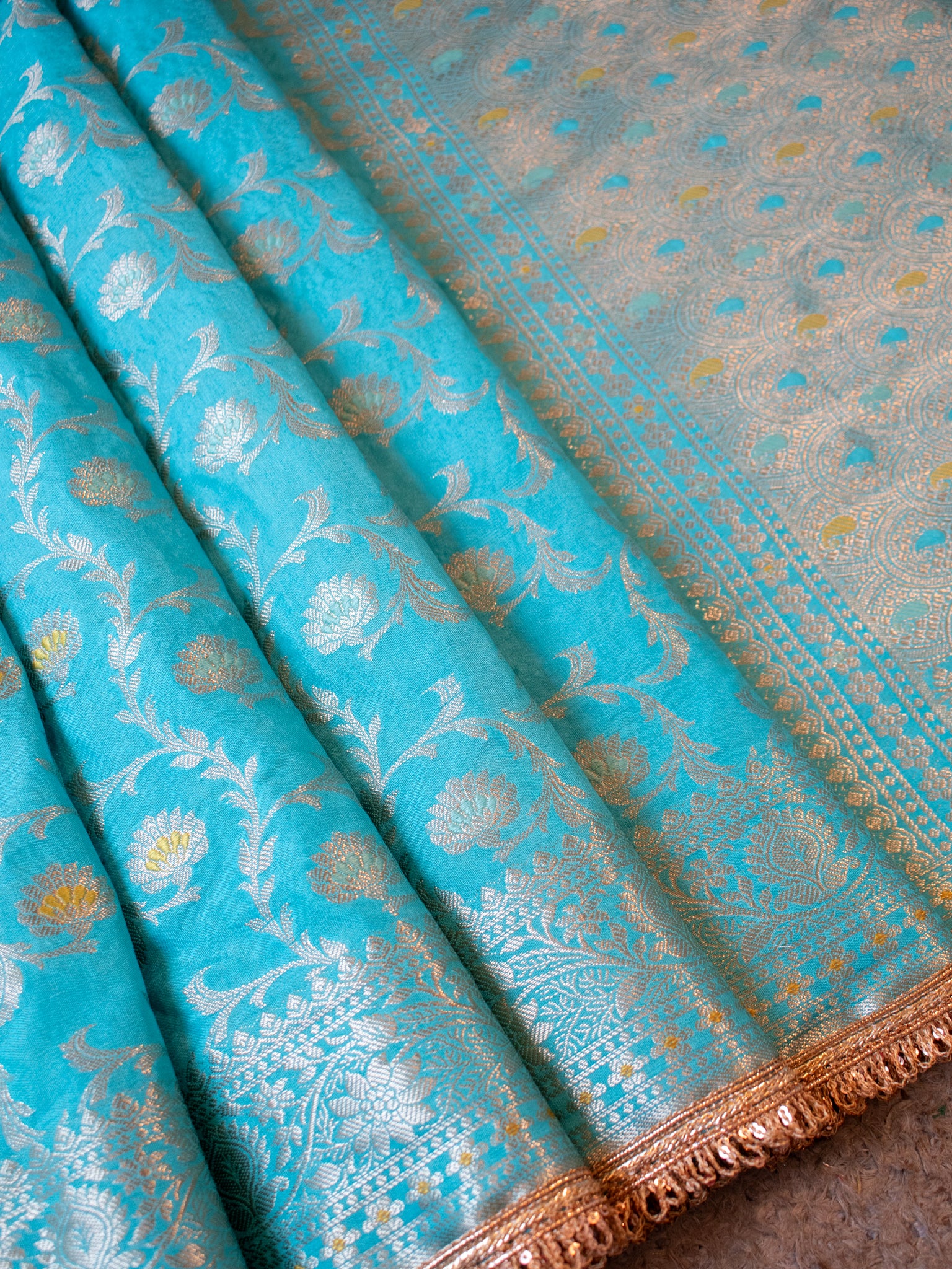 Banarasi Semi Silk Saree With Zari Weaving & Lace Border -Blue