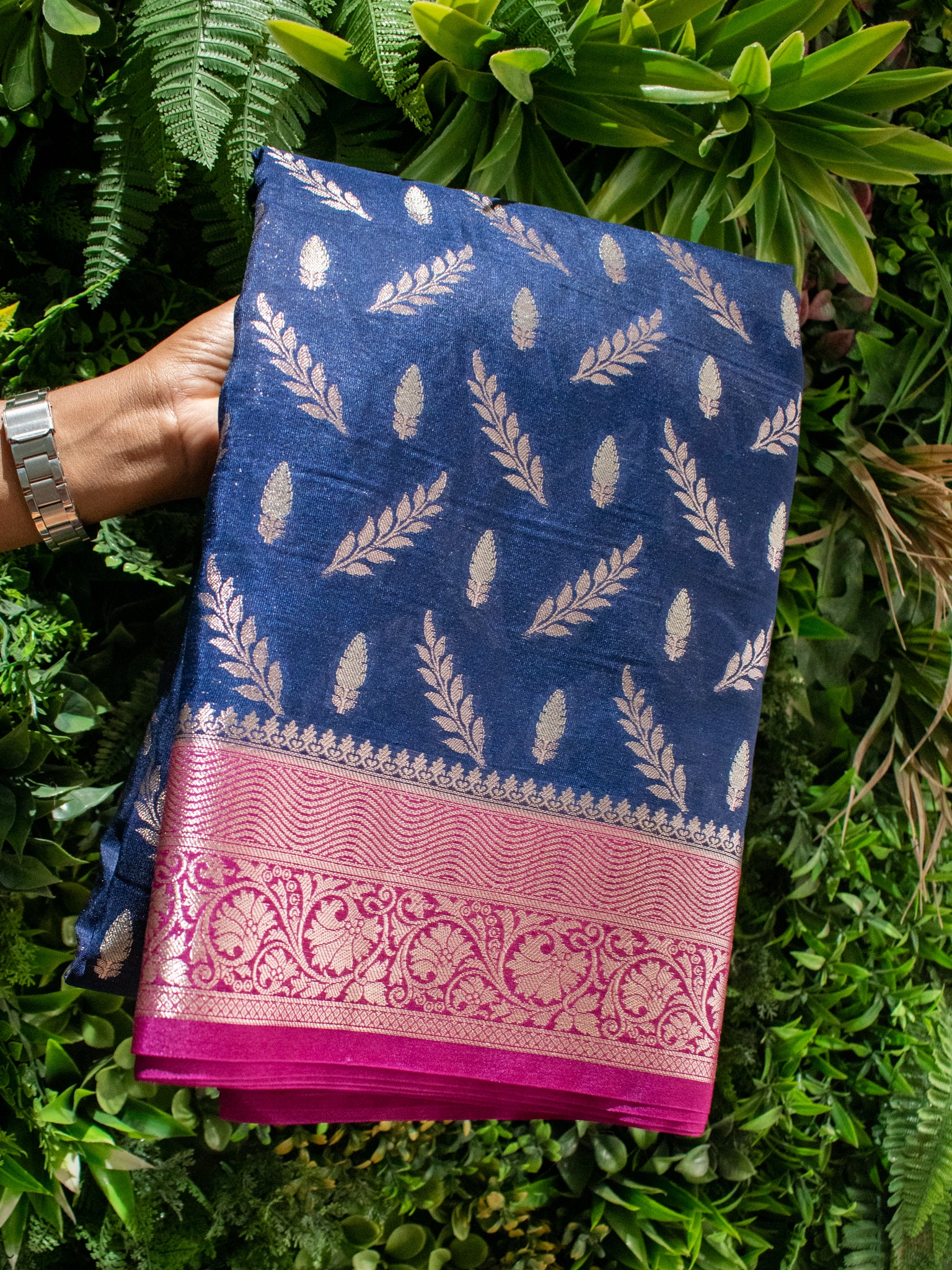 Banarasi Semi Silk Saree With Silver Zari Weaving & Contrast Border- Blue