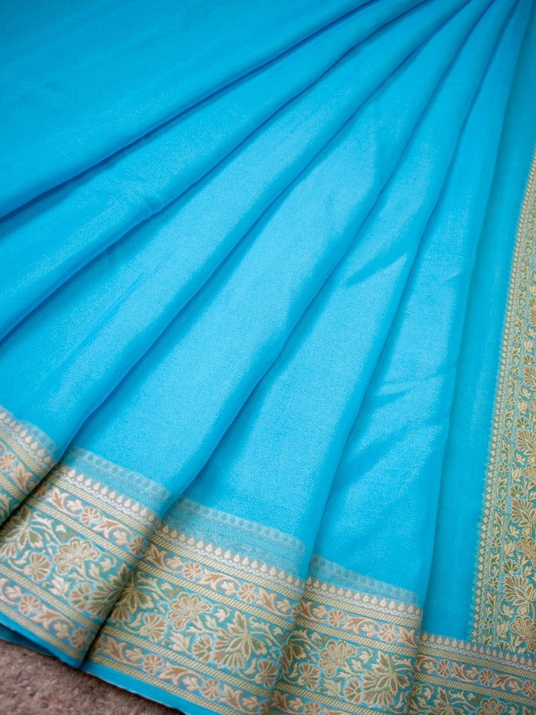 Banarasi Pure Georgette Plain Saree With Antique Zari Floral Border-Blue