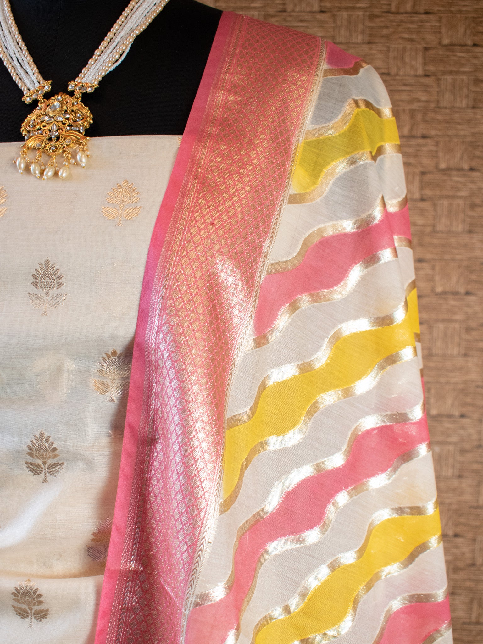 Banarasi Cotton Silk Salwar Kameez Material With Silver Zari Weaving & Dupatta-Cream