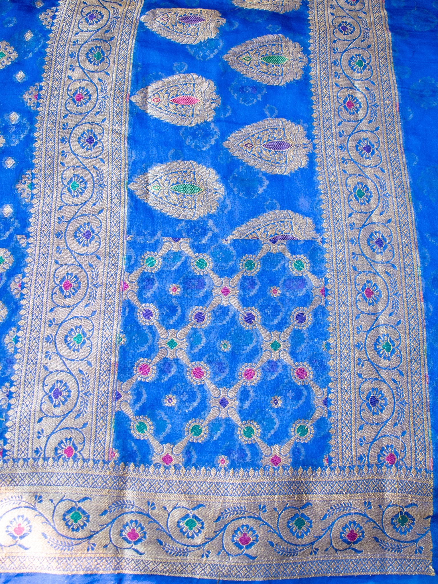 Banarasi Pure Cotton Saree With Zari & Resham Buti Weaving & Border- Blue