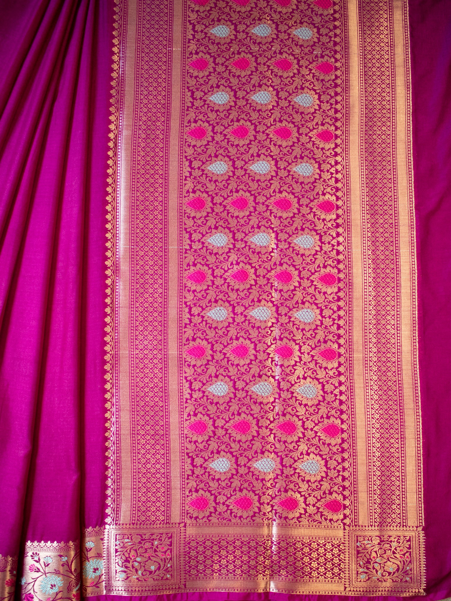 Banarasi Plain Semi Katan Saree With Meena Border- Magenta
