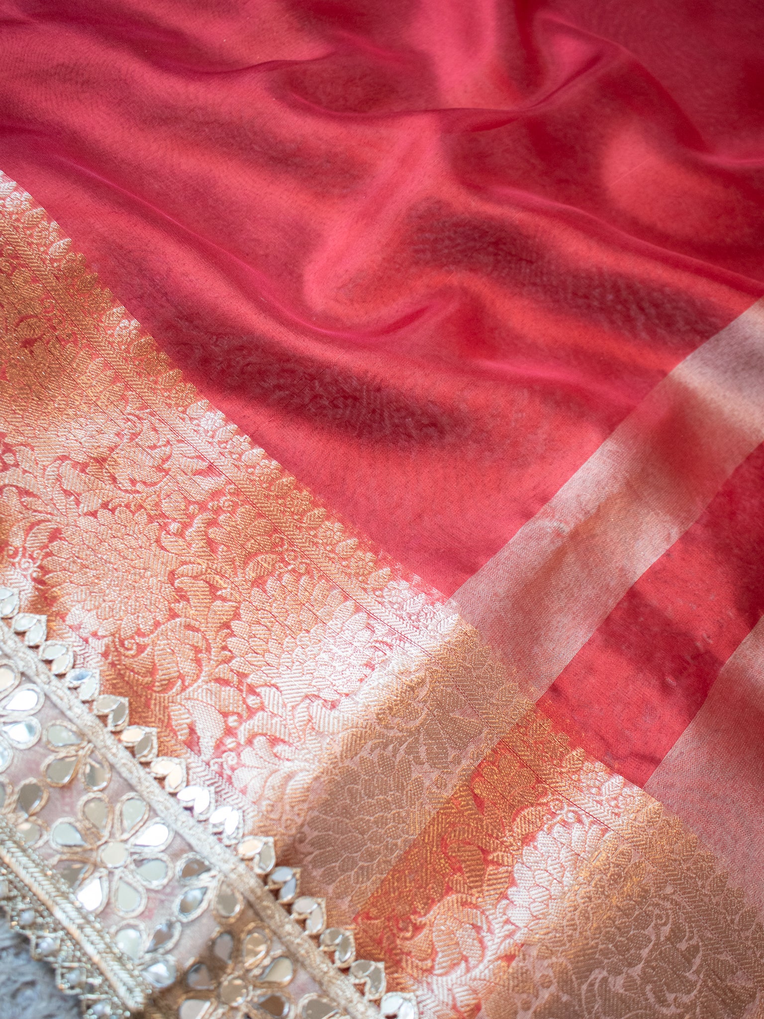 Banarasi Plain Tissue Saree with Mirror Lace Border - Red