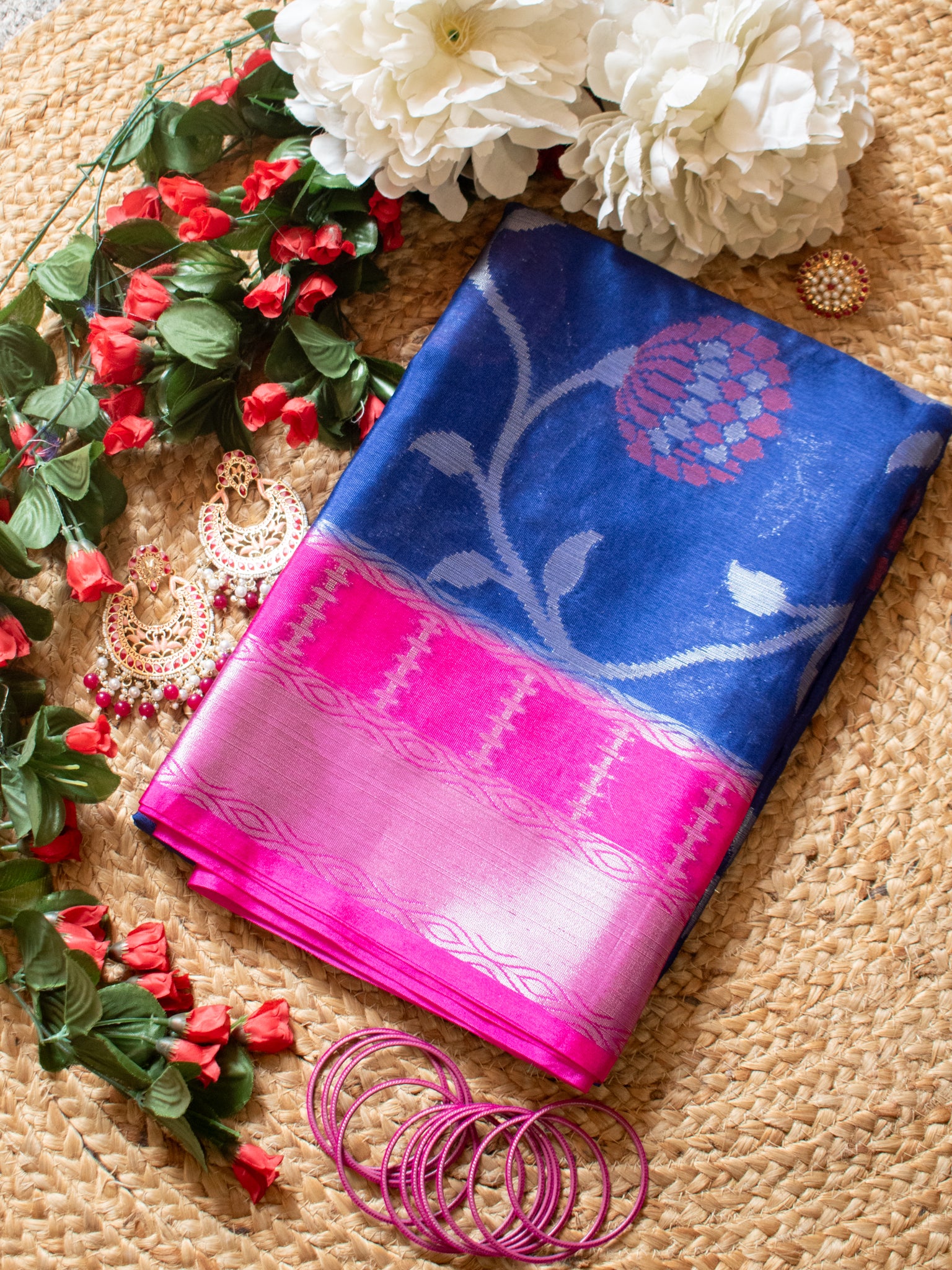 Banarasi Cotton Mix Saree with Floral Weaving & Border- Blue