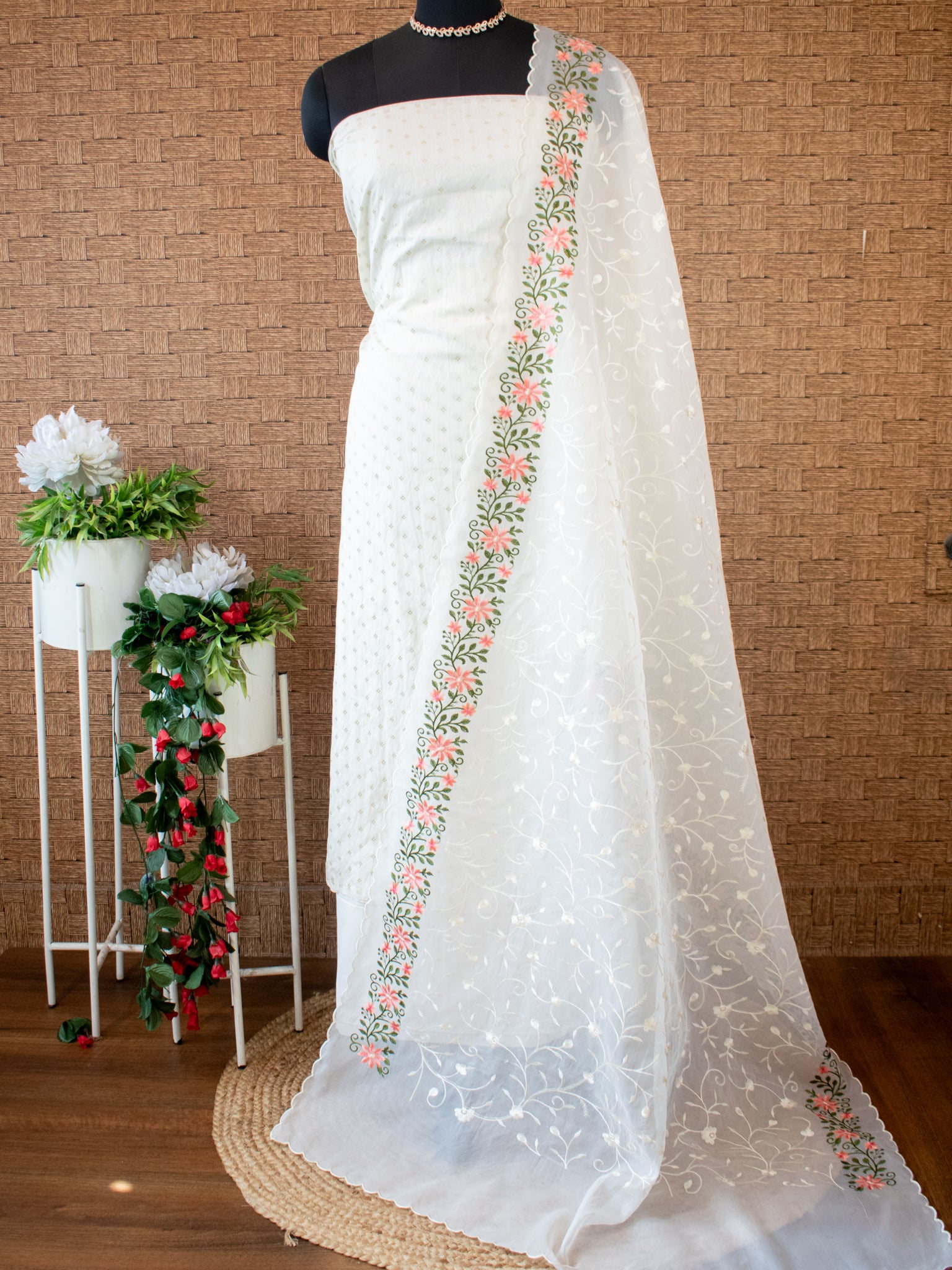 Banarasi Modal Salwar Kameez Fabric With Organza Dupatta- White