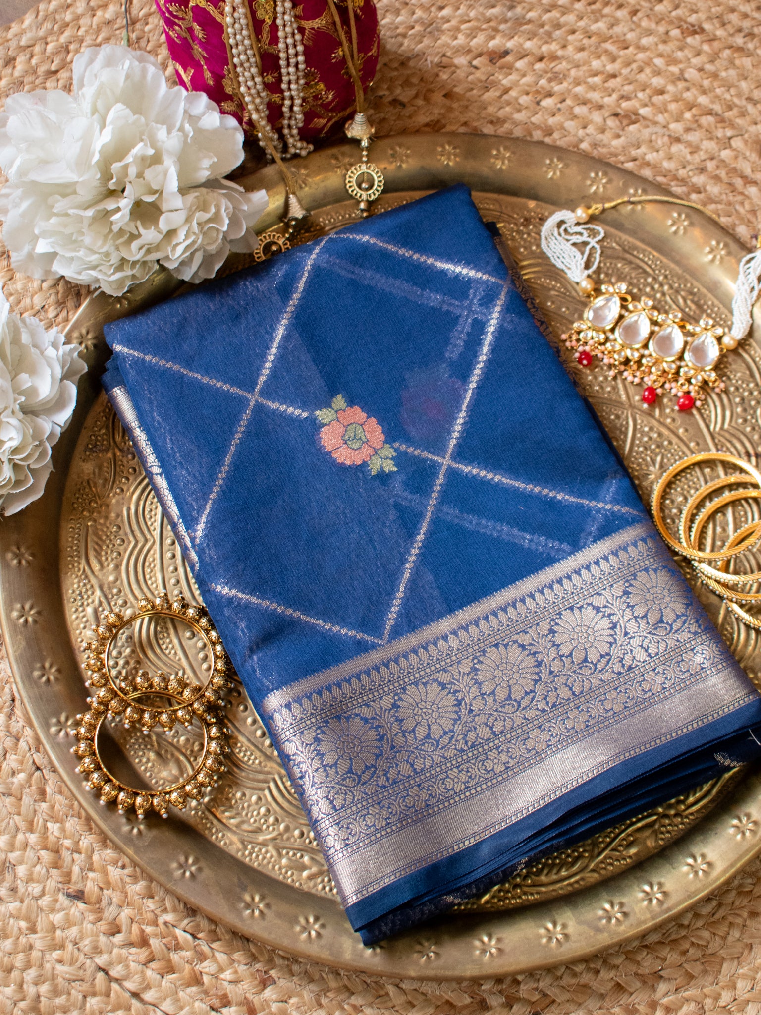 Banarasi Semi Georgette Saree with Floral Weaving & Border- Blue