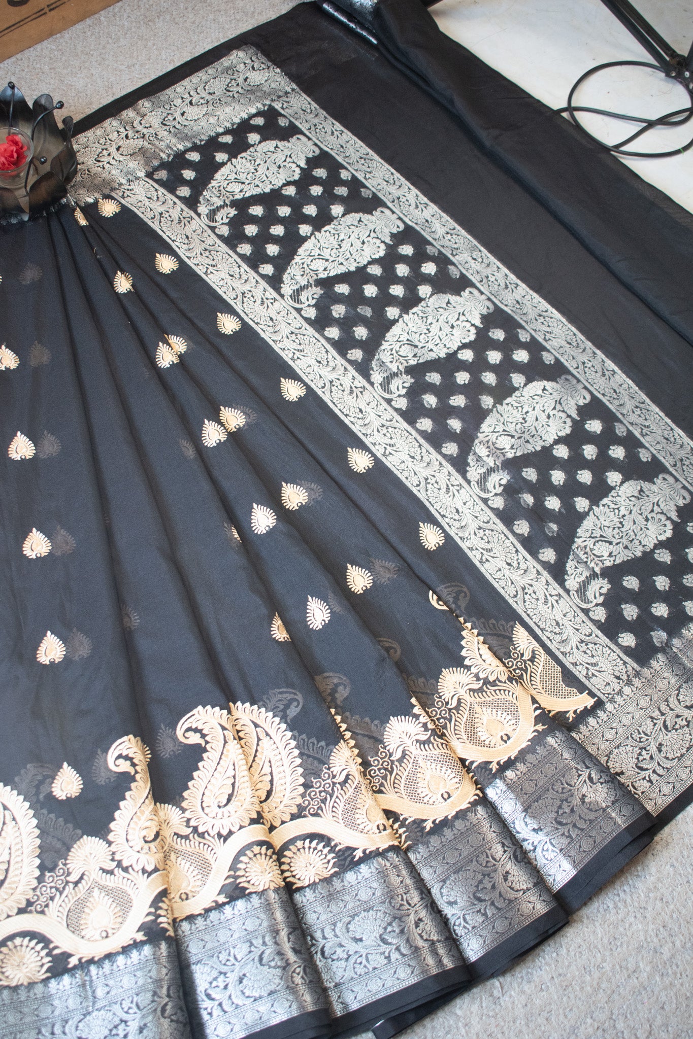 Banarasi Semi Silk Saree With Zari Border - Black