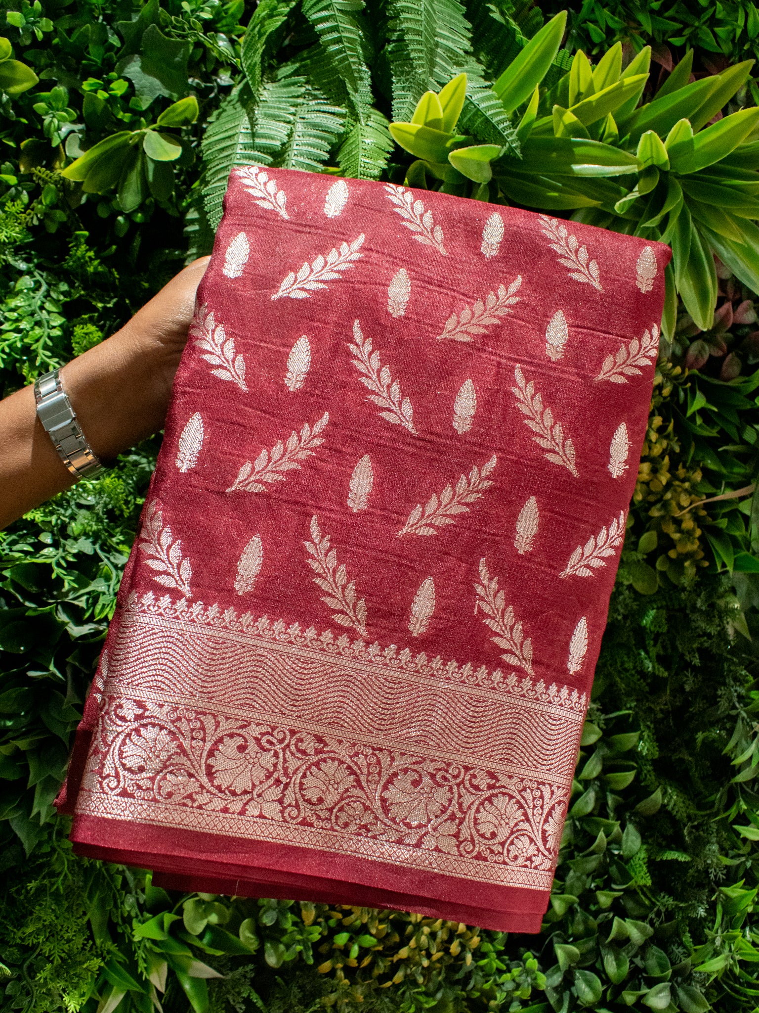 Banarasi Semi Silk Saree With Silver Zari Weaving & Border- Maroon