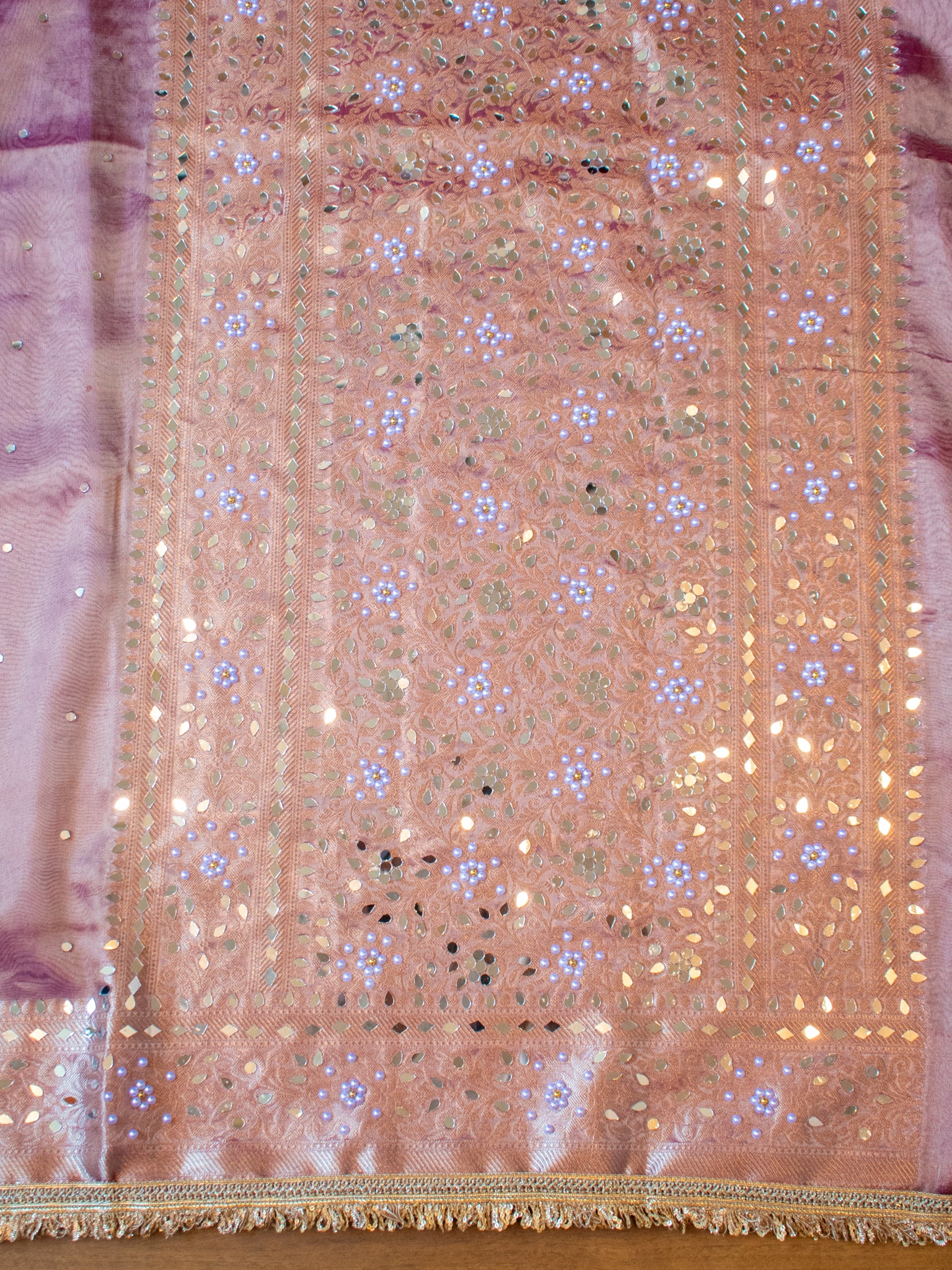 Banarasi Mirror Work Tissue Saree with Lace Border - Pink