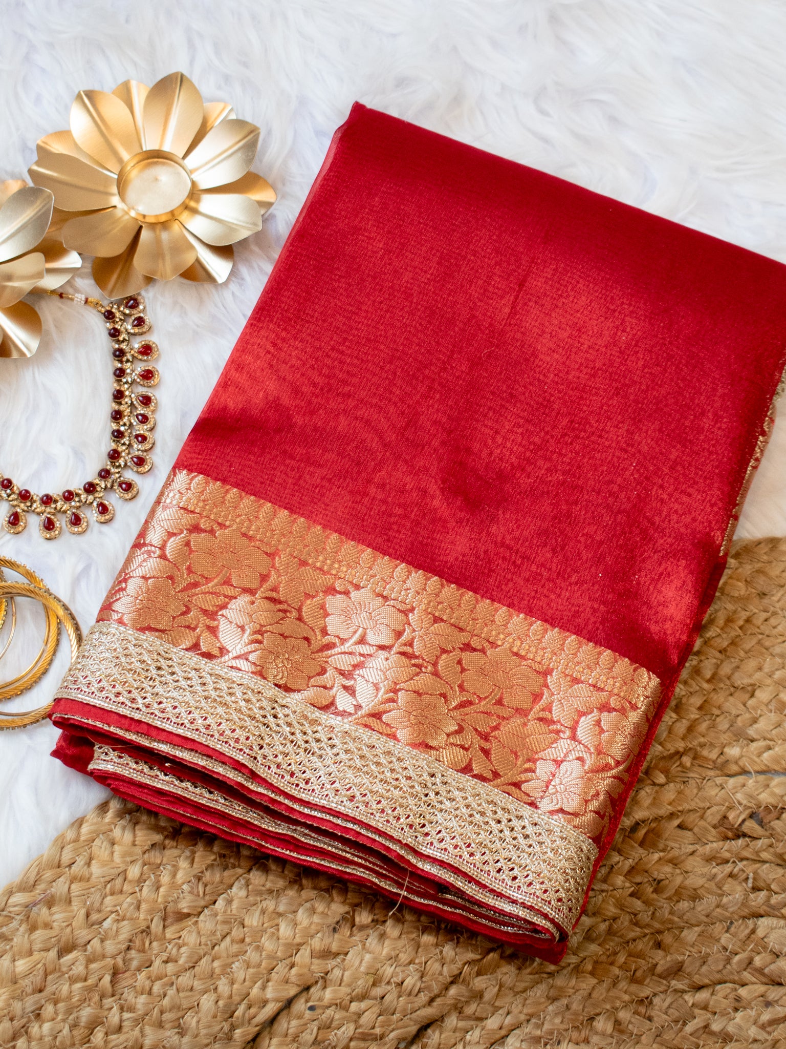 Banarasi Tissue Saree With Lace Border- Red