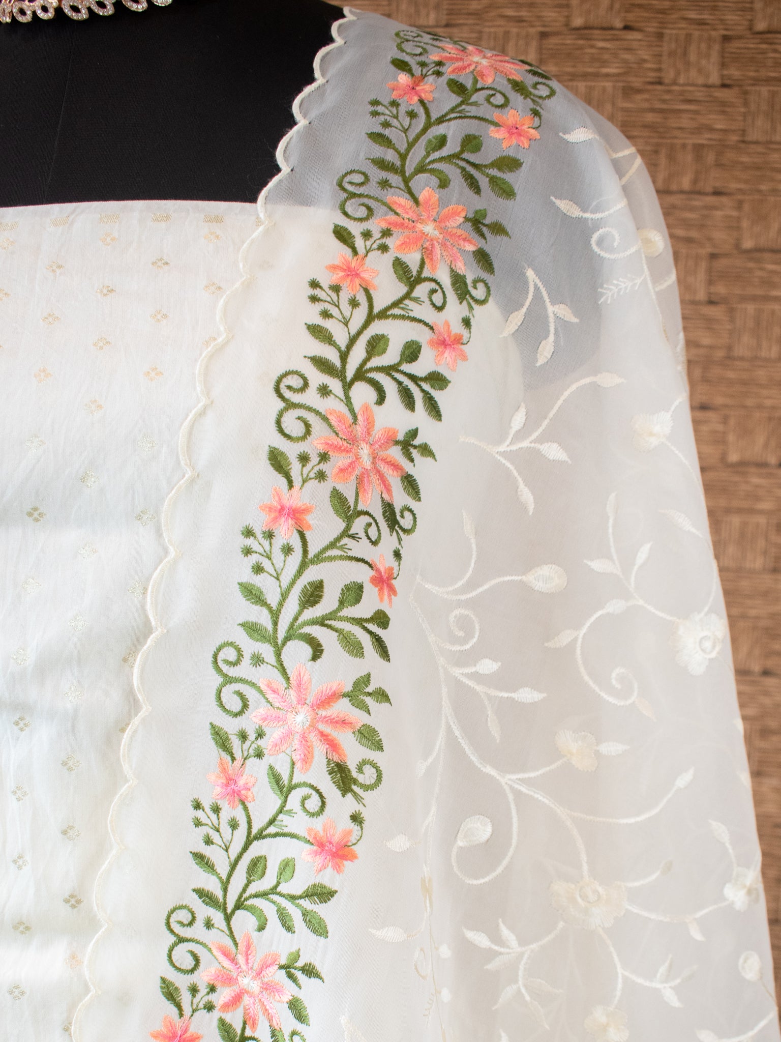 Banarasi Modal Salwar Kameez Fabric With Organza Dupatta- White