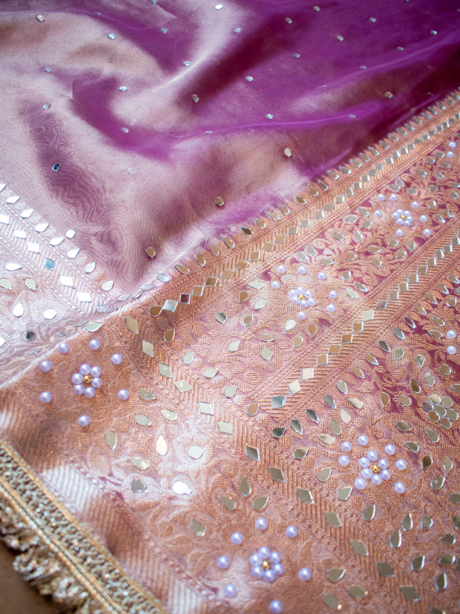 Banarasi Mirror Work Tissue Saree with Lace Border - Pink