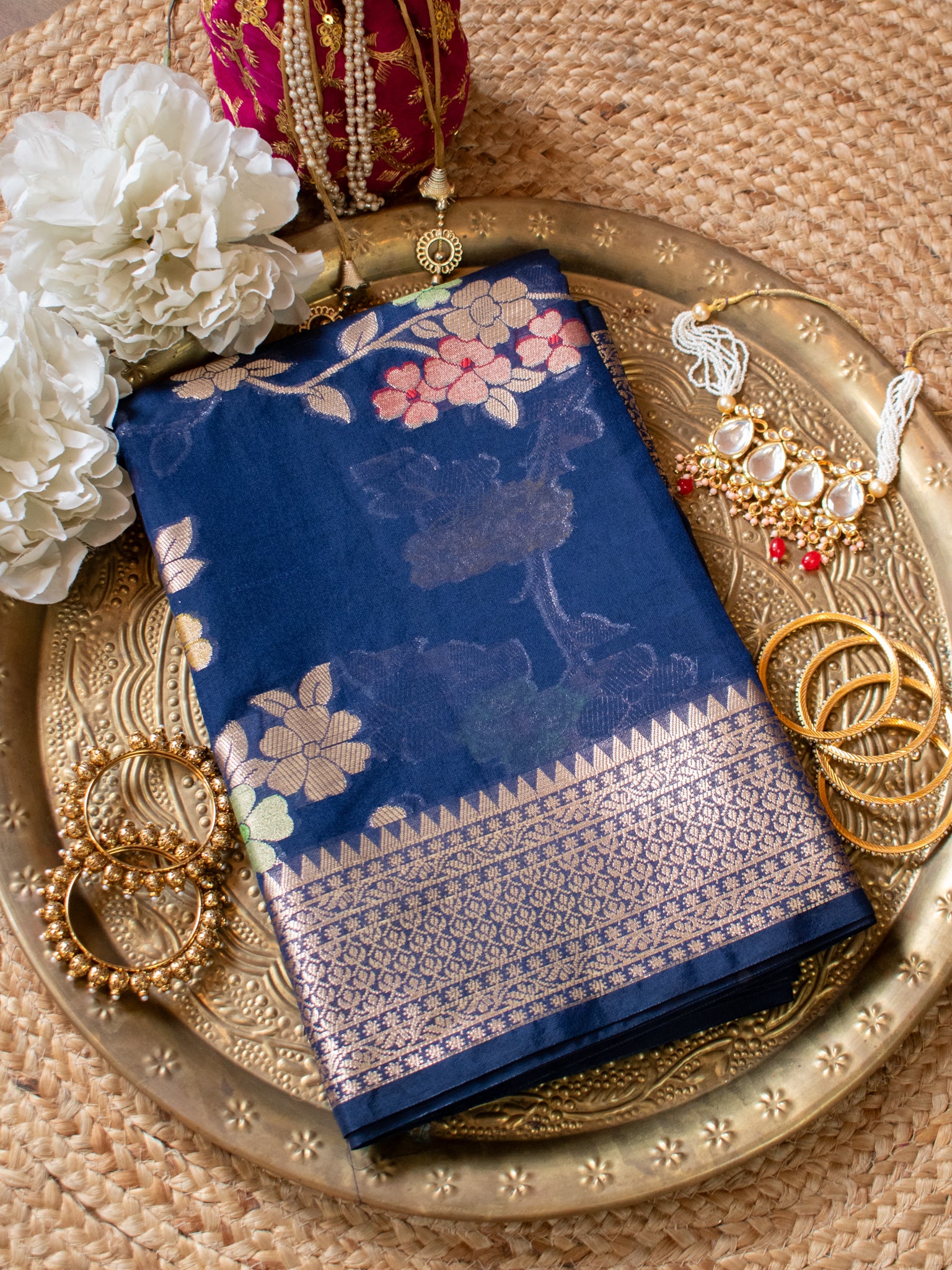 Banarasi Semi Georgette Saree with Floral Weaving & Border- Blue