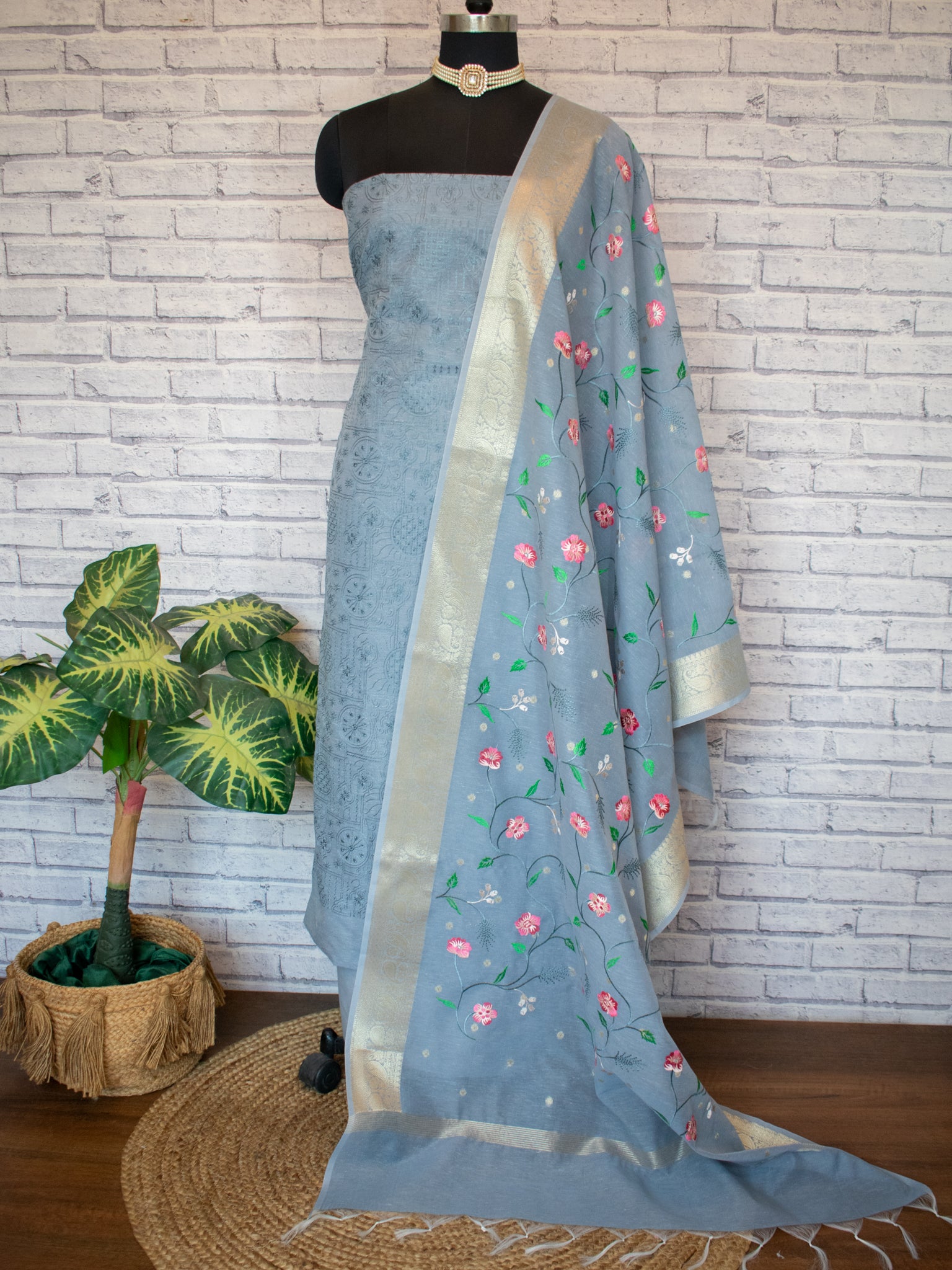 Banarasi Embroidered Salwar Kameez With Dupatta - Grey