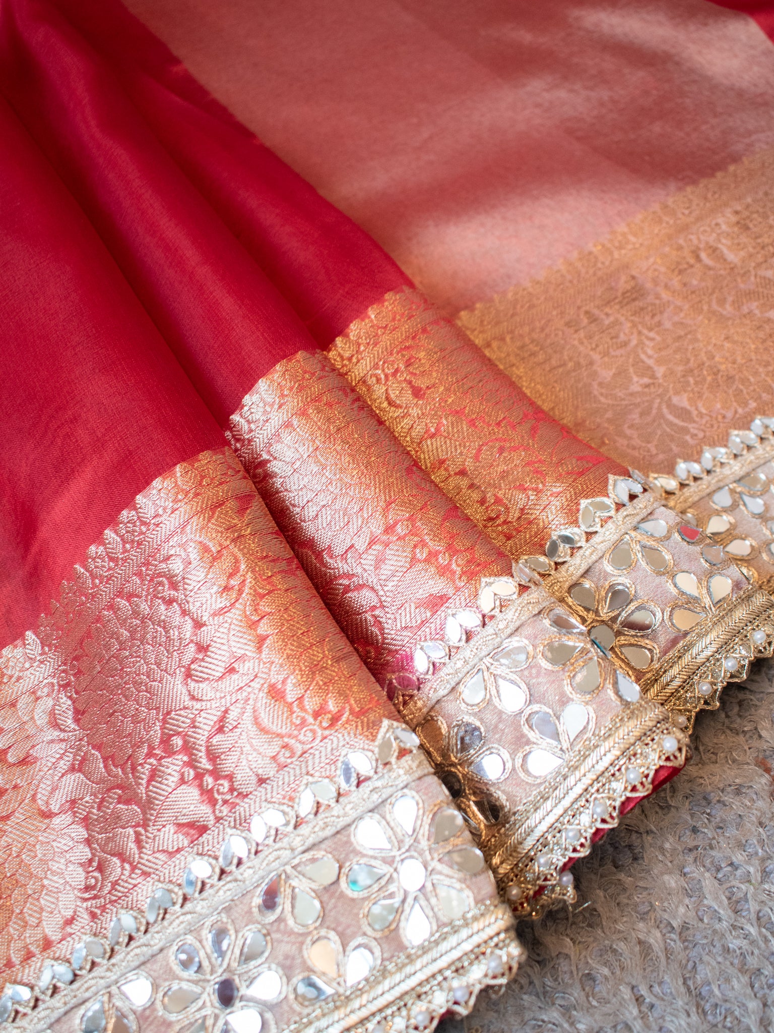 Banarasi Plain Tissue Saree with Mirror Lace Border - Red