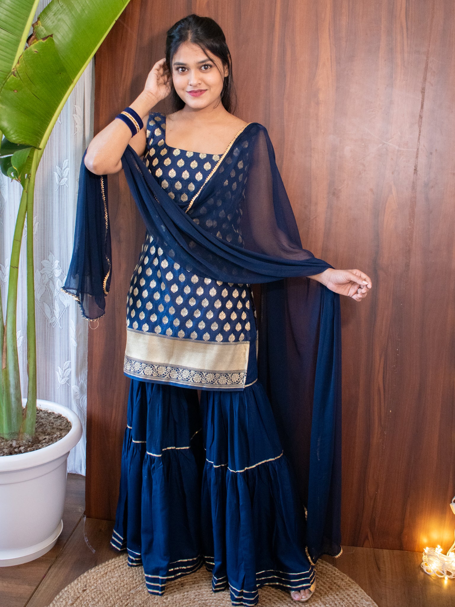 Readymade Banarasi Pure Silk Sharara Suit with Chiffon Dupatta- Royal Blue