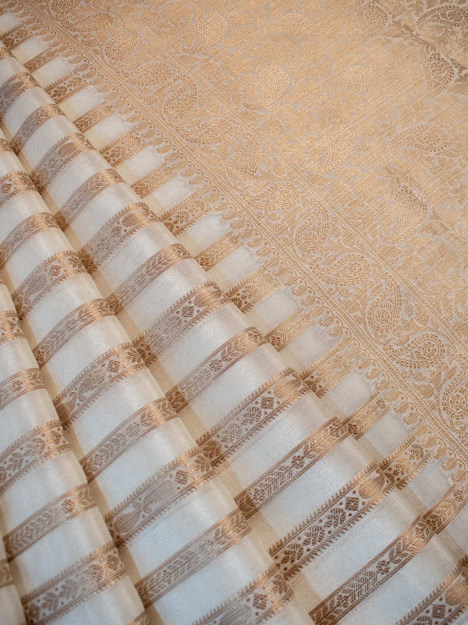 Banarasi Cotton Silk Saree With Copper Zari Border-White
