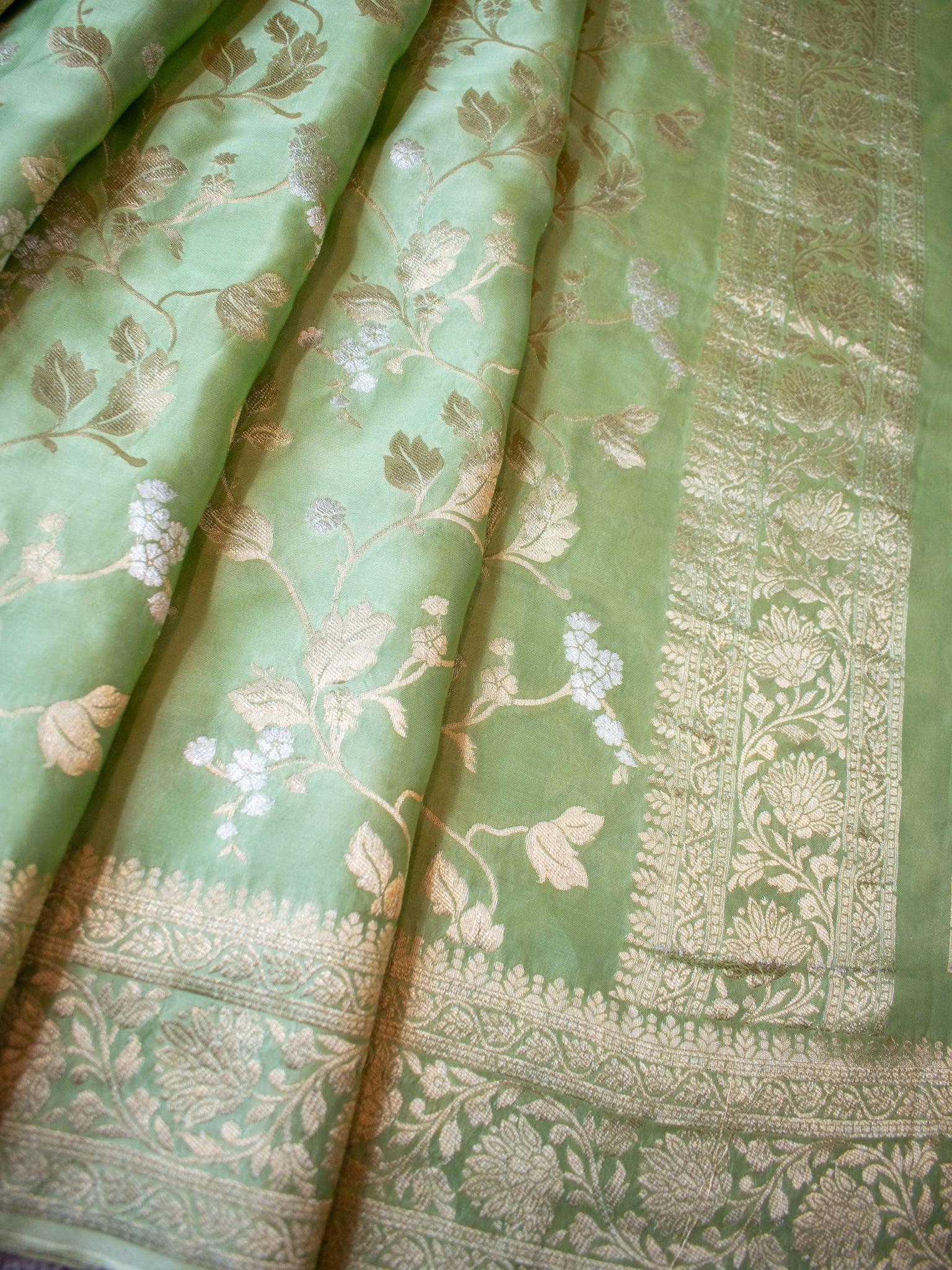 Banarasi Satin Silk Saree With Floral Weaving & Border- Green