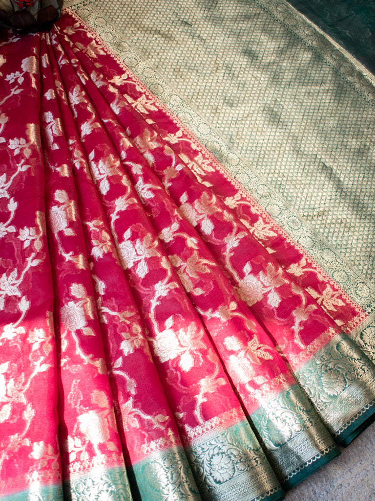 Banarasi Kora Saree With Zari Jaal Weaving & Contrast Border-Red