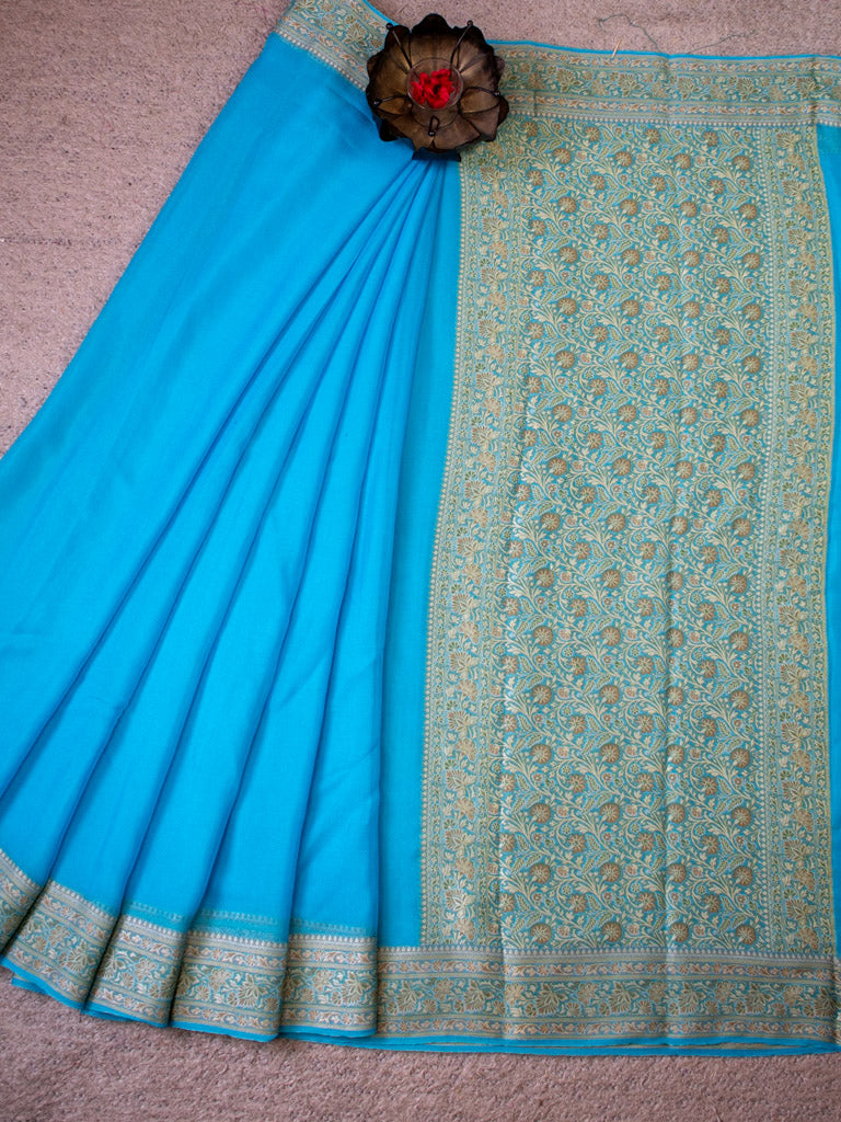 Banarasi Pure Georgette Plain Saree With Antique Zari Floral Border-Blue