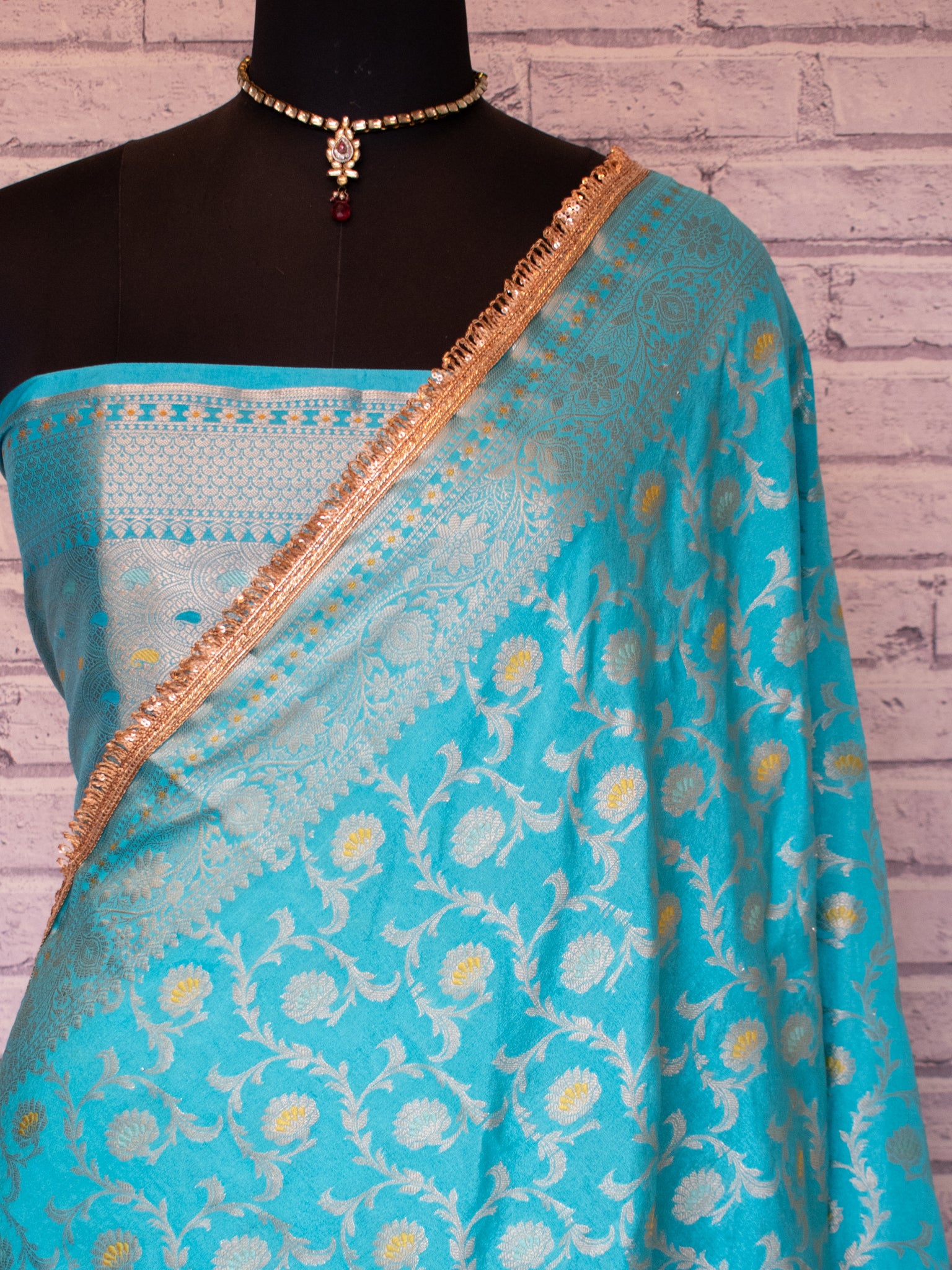 Banarasi Semi Silk Saree With Zari Weaving & Lace Border -Blue