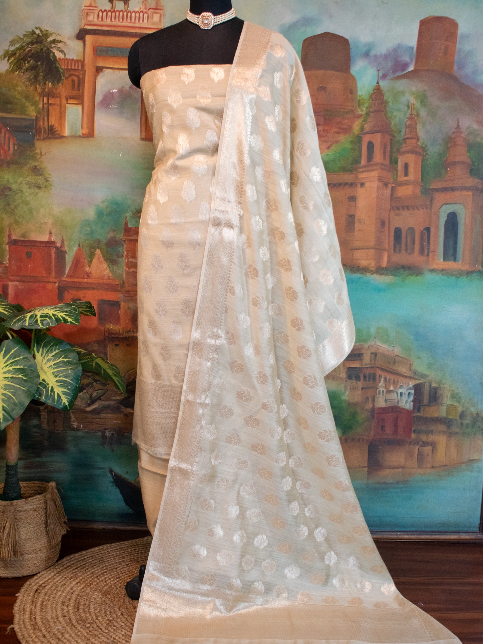 Banarasi Pure Muga Silk Salwar Kameez- Beige