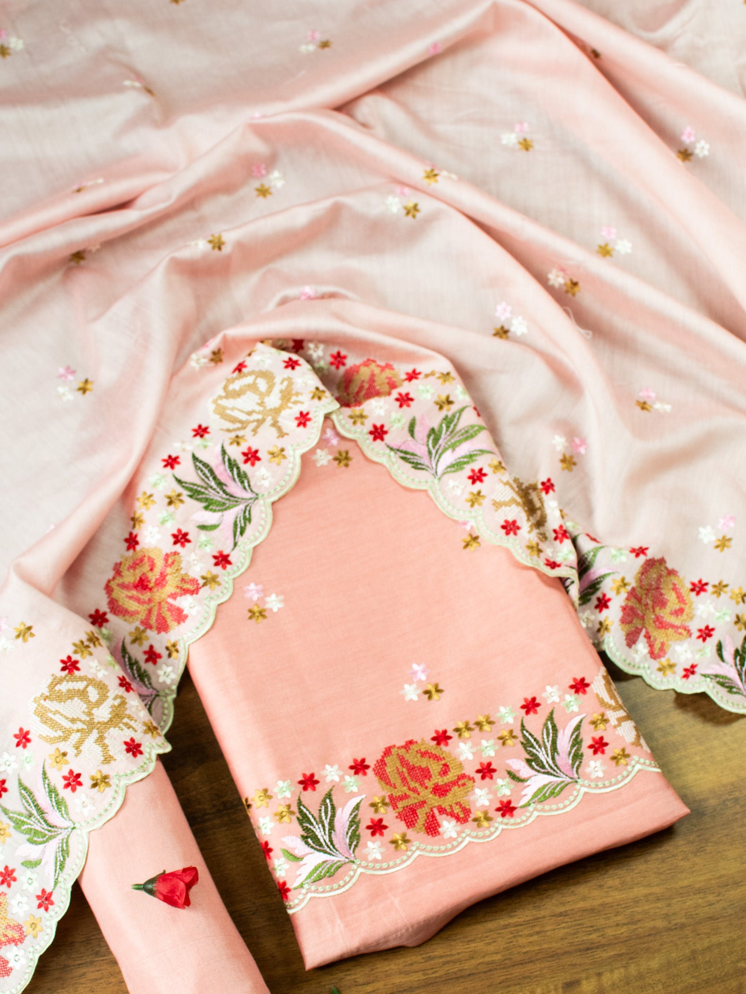 Banarasi Soft Cotton Embroidered Salwar Kameez Fabric With Dupatta- Pink