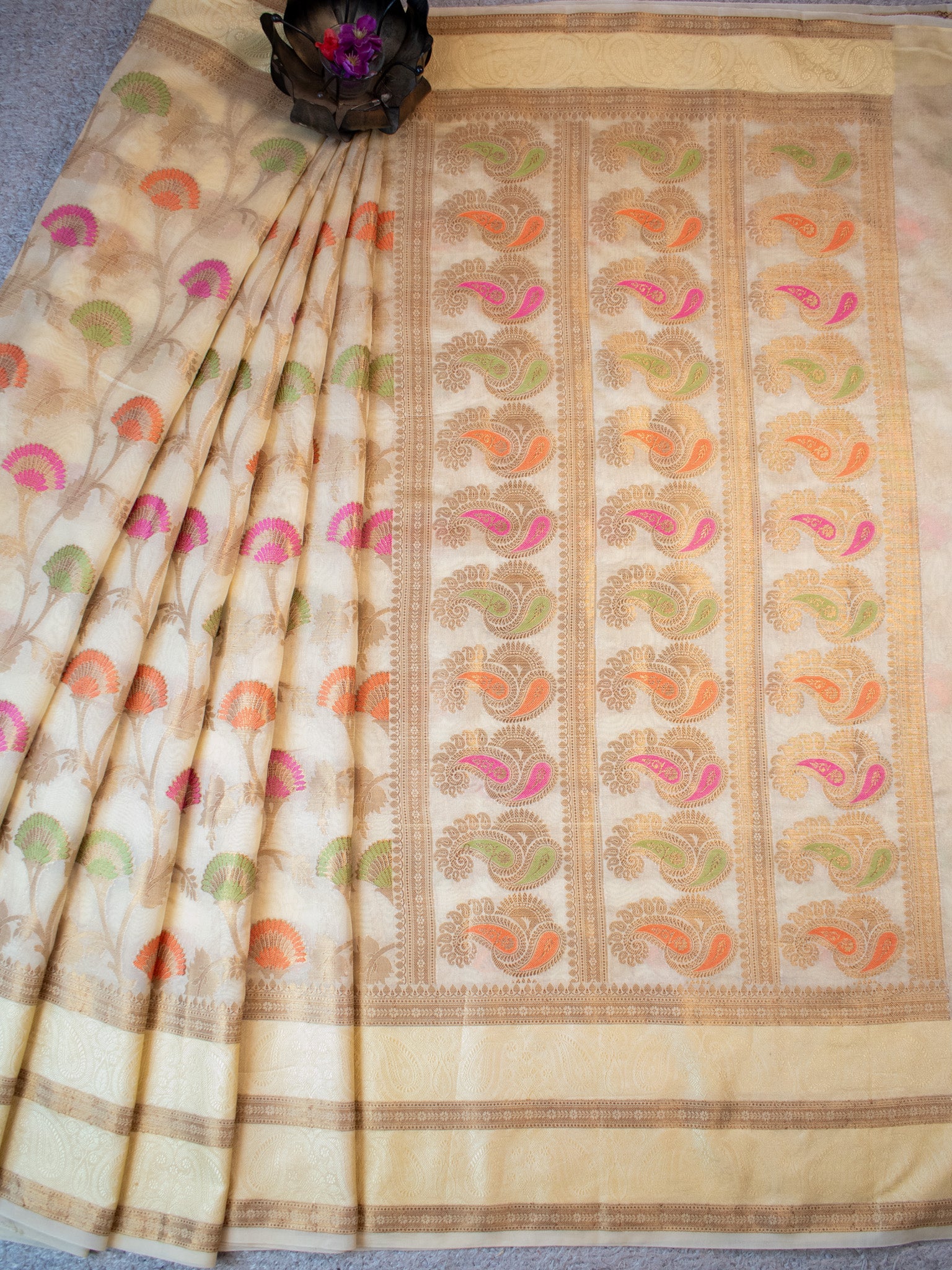 Banarasi Cotton Silk Saree With Resham Weaving & Border-Beige