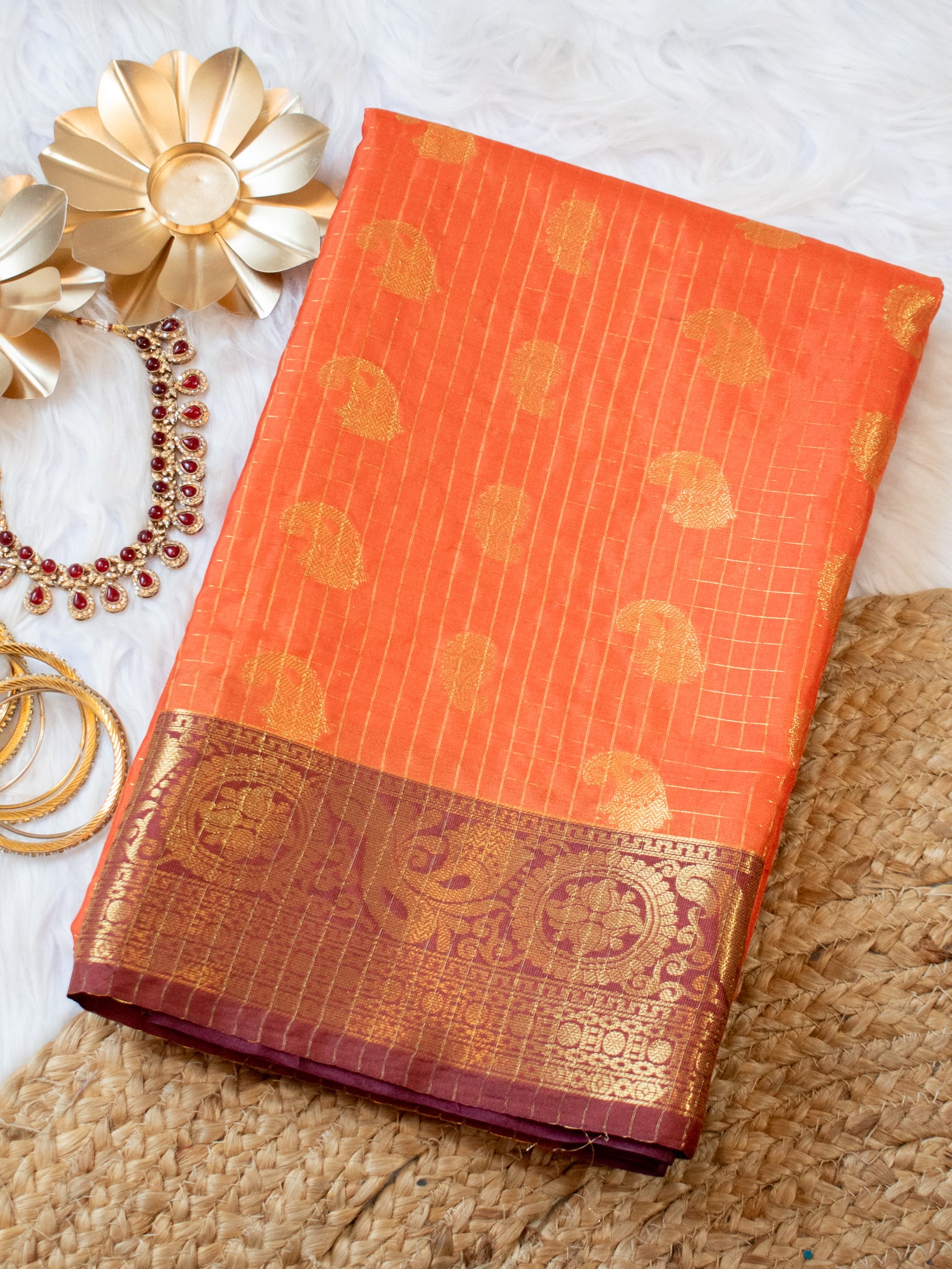 Banarasi Cotton Silk Saree With Contrast Border- Orange