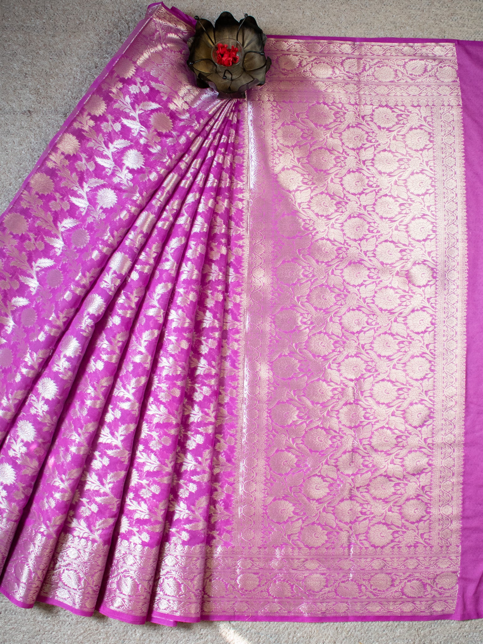 Banarasi Cotton Silk Saree With Silver Zari Weaving & Border-Lavender