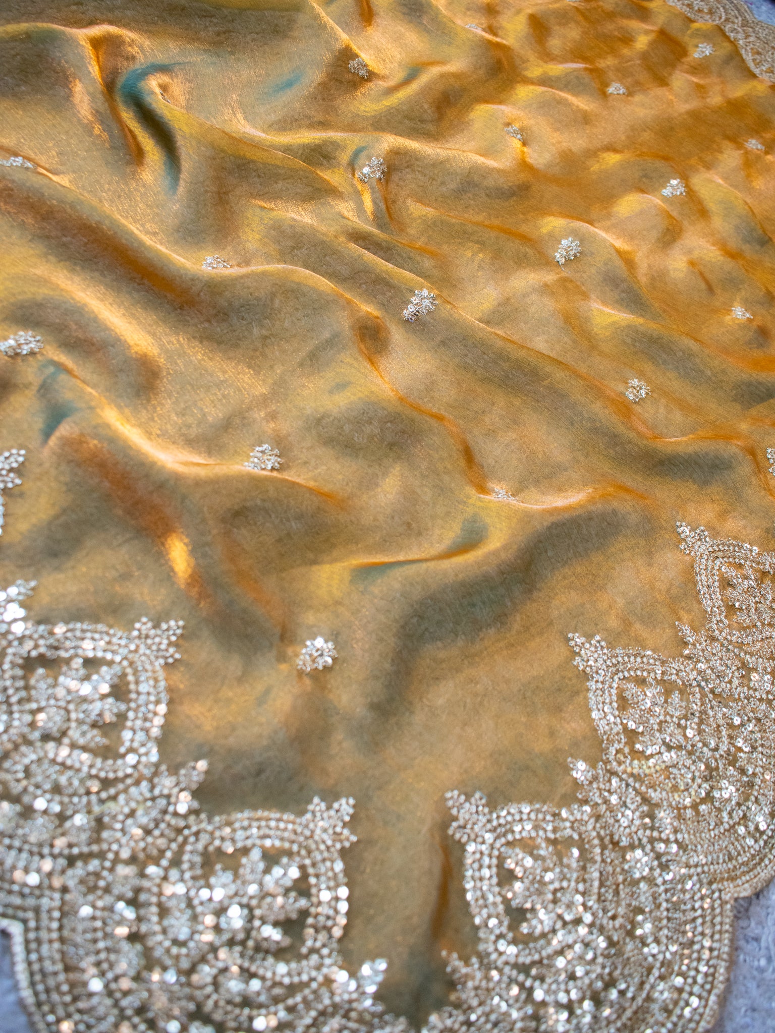 Tissue Sequin Saree With Scallop Border- Mustard Yellow