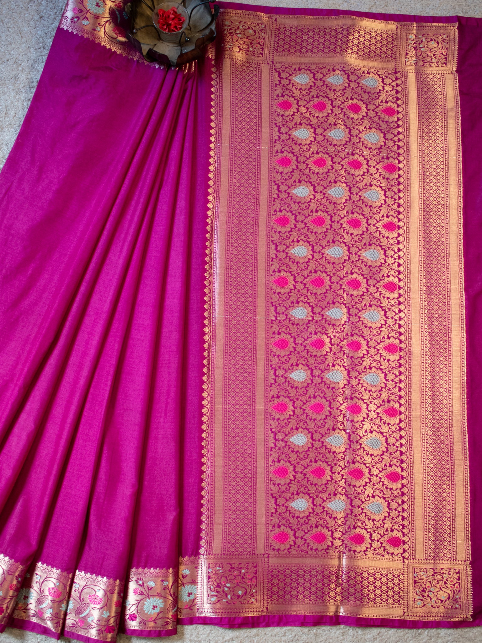 Banarasi Plain Semi Katan Saree With Meena Border- Magenta