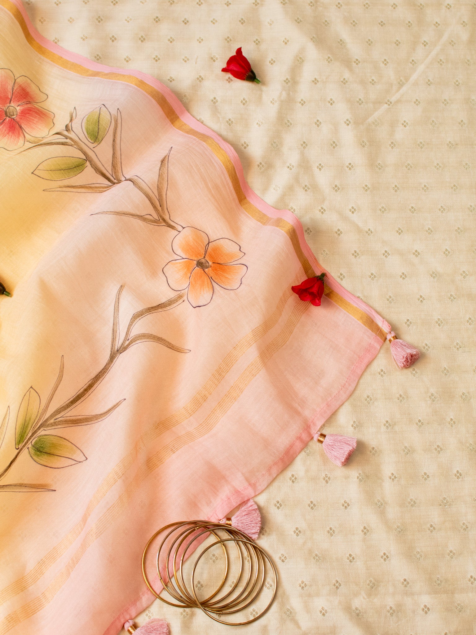 Banarasi Soft Cotton Salwar Kameez Fabric With Hand Painted Dupatta- Peach