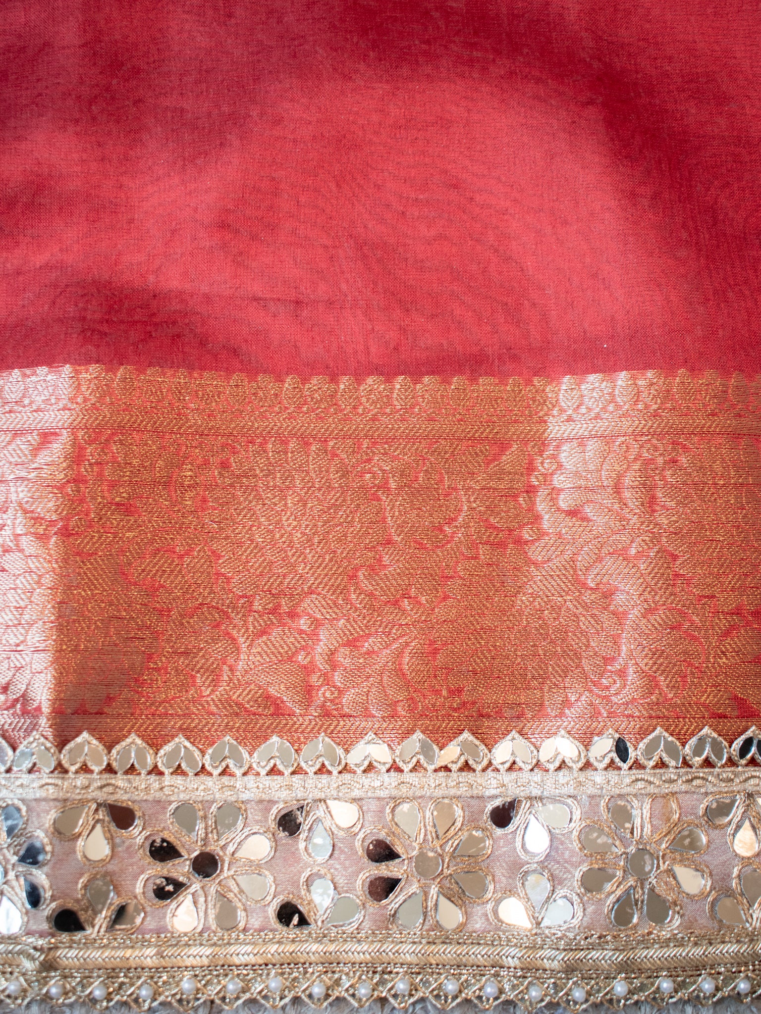 Banarasi Plain Tissue Saree with Mirror Lace Border - Red