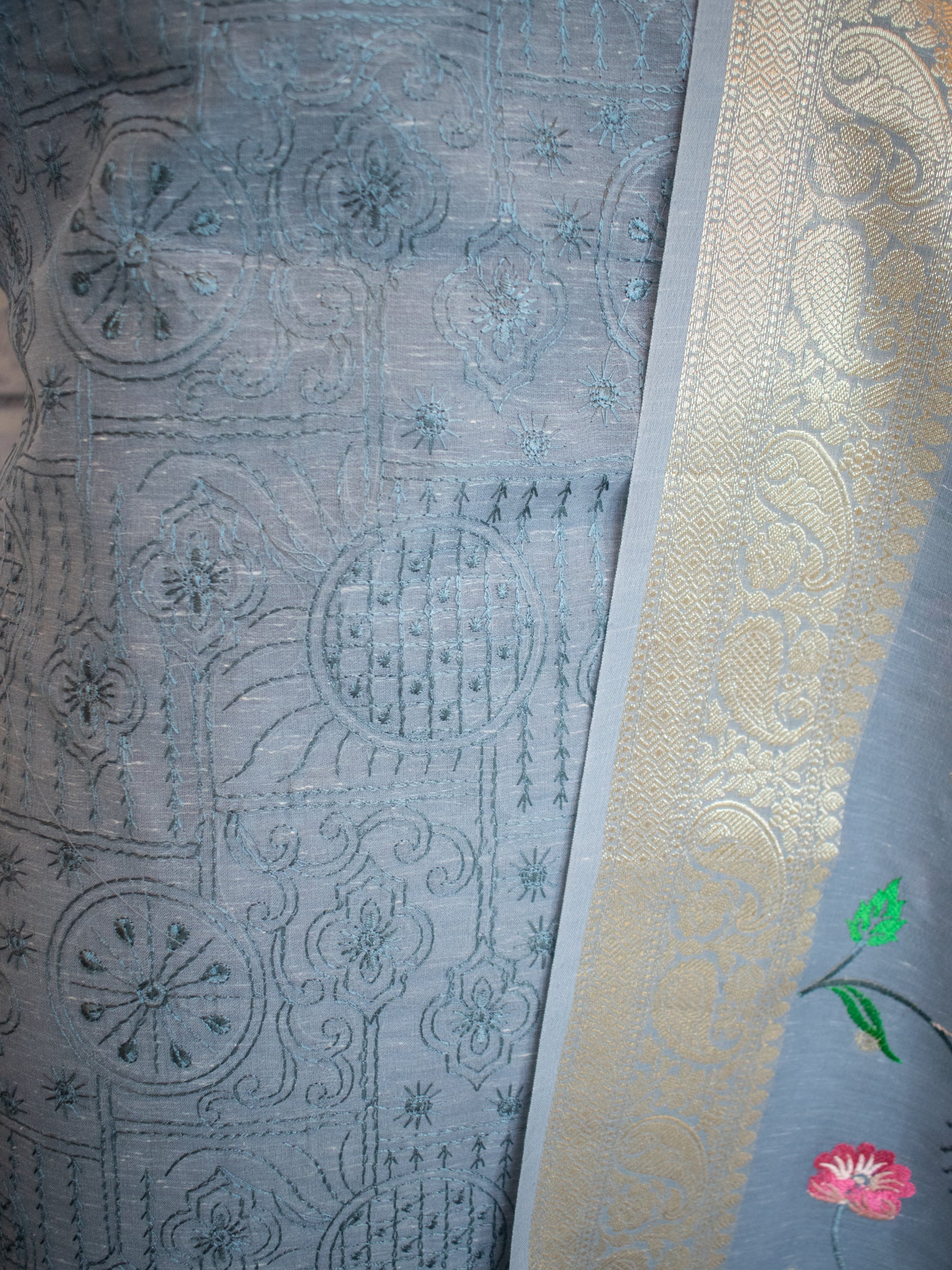 Banarasi Embroidered Salwar Kameez With Dupatta - Grey