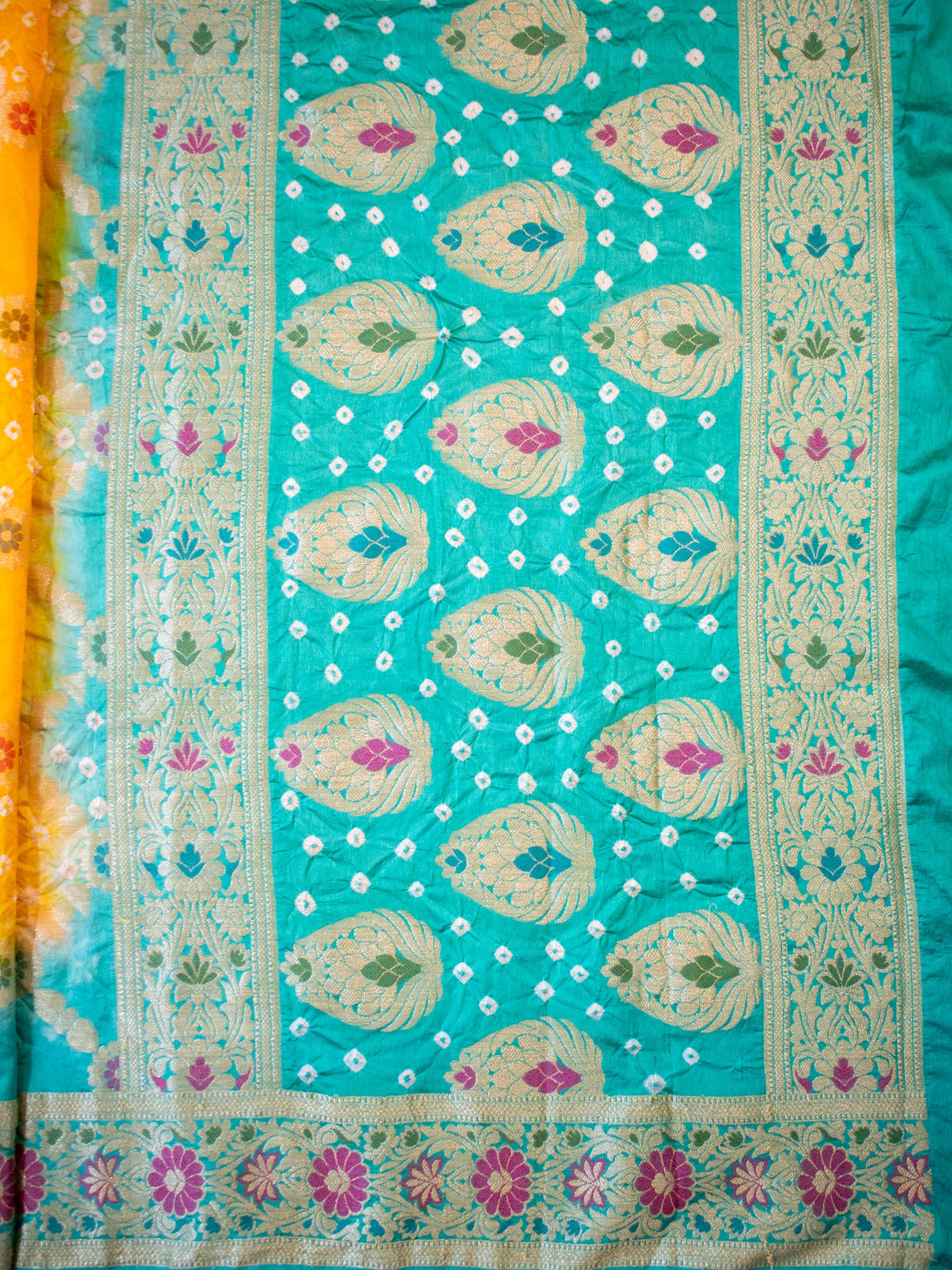 Banarasi Semi Silk Dual Shade Bandhani Saree With Meena & Jaal Weaving-Yellow