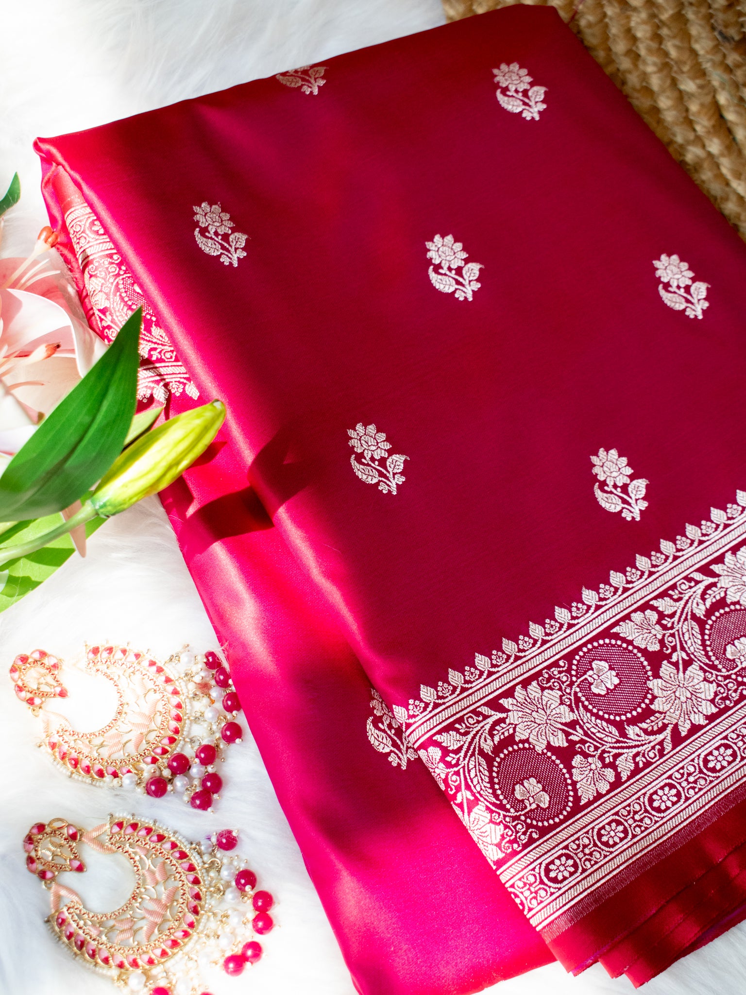 Banarasi Mashru Silk Saree With Buti & Border- Magenta