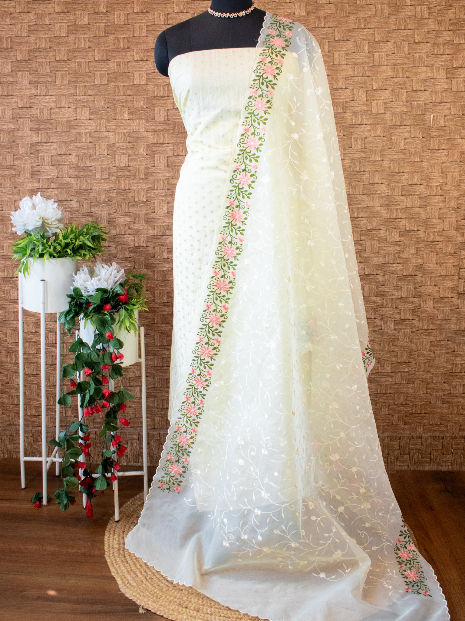 Banarasi Modal Salwar Kameez Fabric With Organza Dupatta-Cream