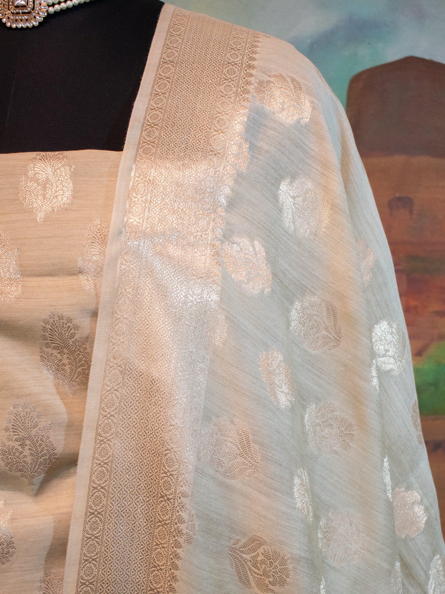 Banarasi Pure Muga Silk Salwar Kameez- Beige