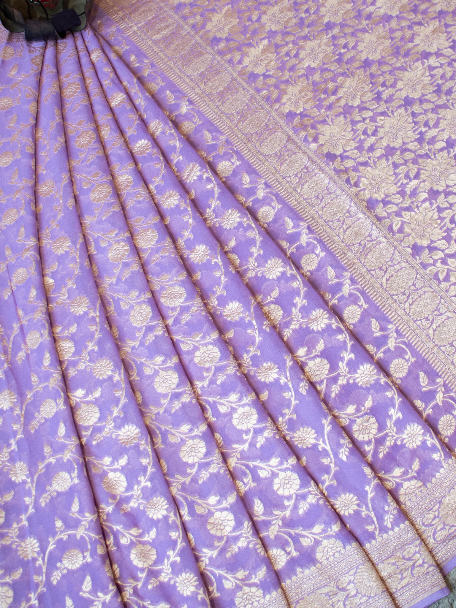 Banarasi Pure Khaddi Georgette Saree With Floral Weaving- Lavender